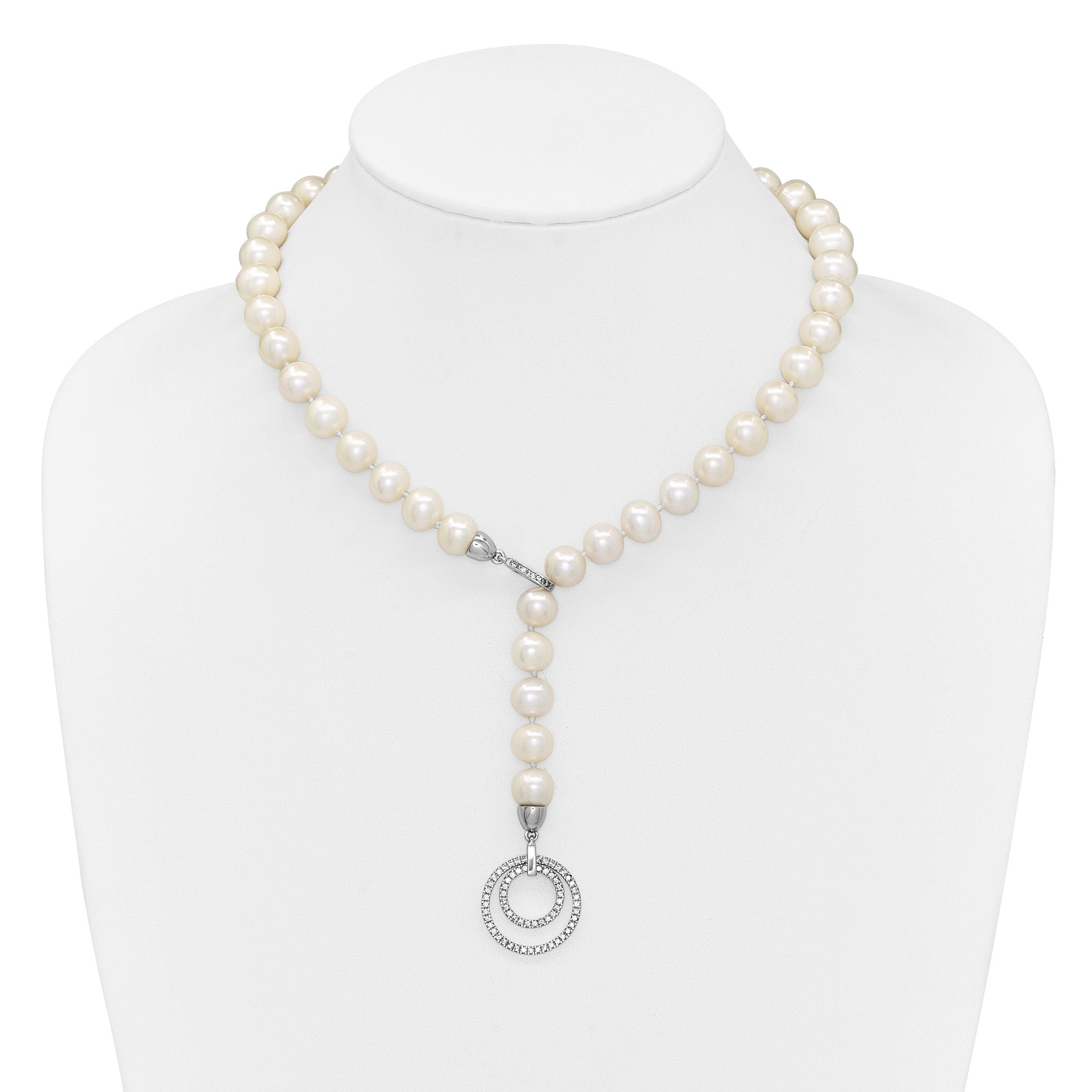 Sterling Silver Rhodium-plated 10-11mm White Near-Round Freshwater Cultured Pearl and CZ Clasp Adjustable 19.5 inch Necklace