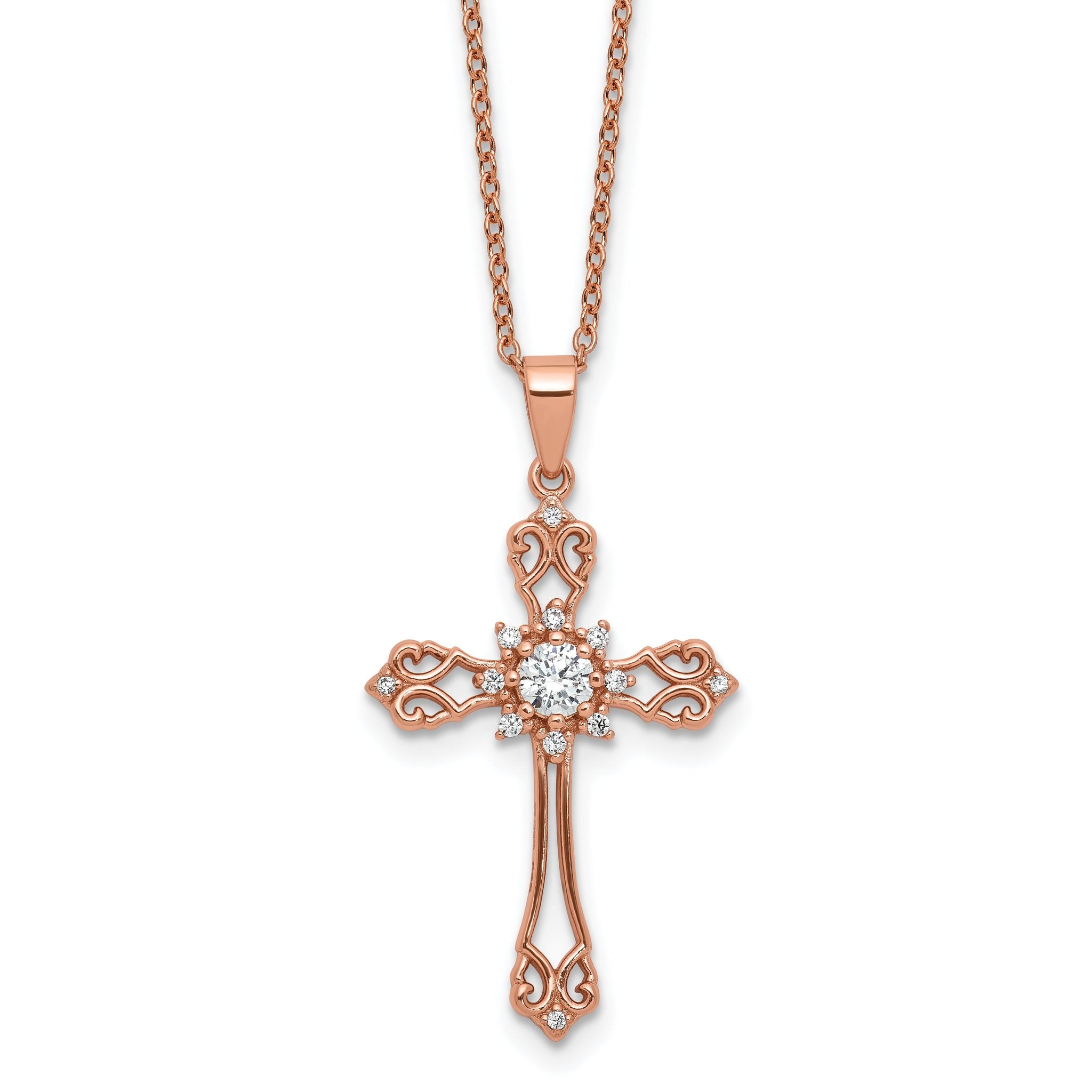 Cheryl M Sterling Silver Rose Gold-plated Polished CZ Cross with 2 Inch Extension Necklace Main image