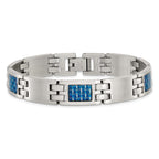 Stainless Steel Brushed with Blue Carbon Fiber Inlay Link Bracelet for Men