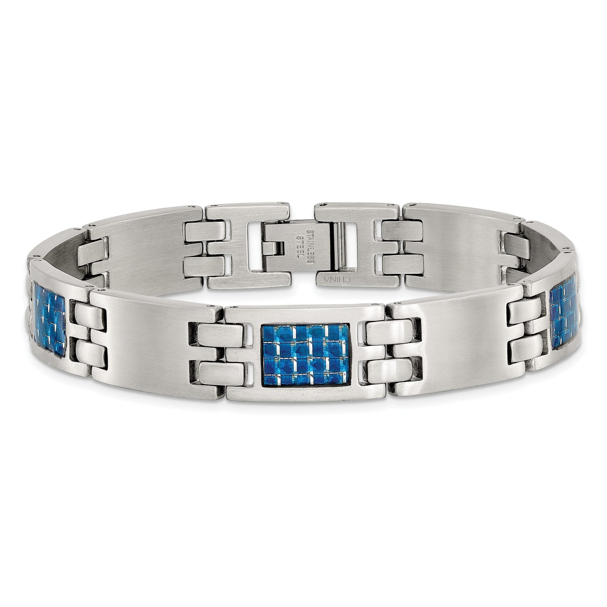 Stainless Steel Brushed with Blue Carbon Fiber Inlay Link Bracelet for Men