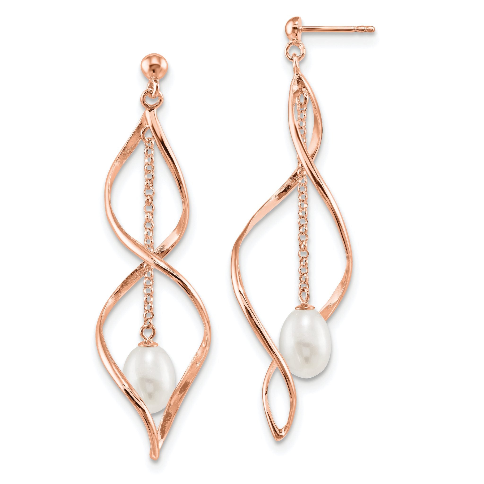 Sterling Silver Rose-tone 7-8mm White Rice Freshwater Cultured Pearl Post Dangle Earrings Main image