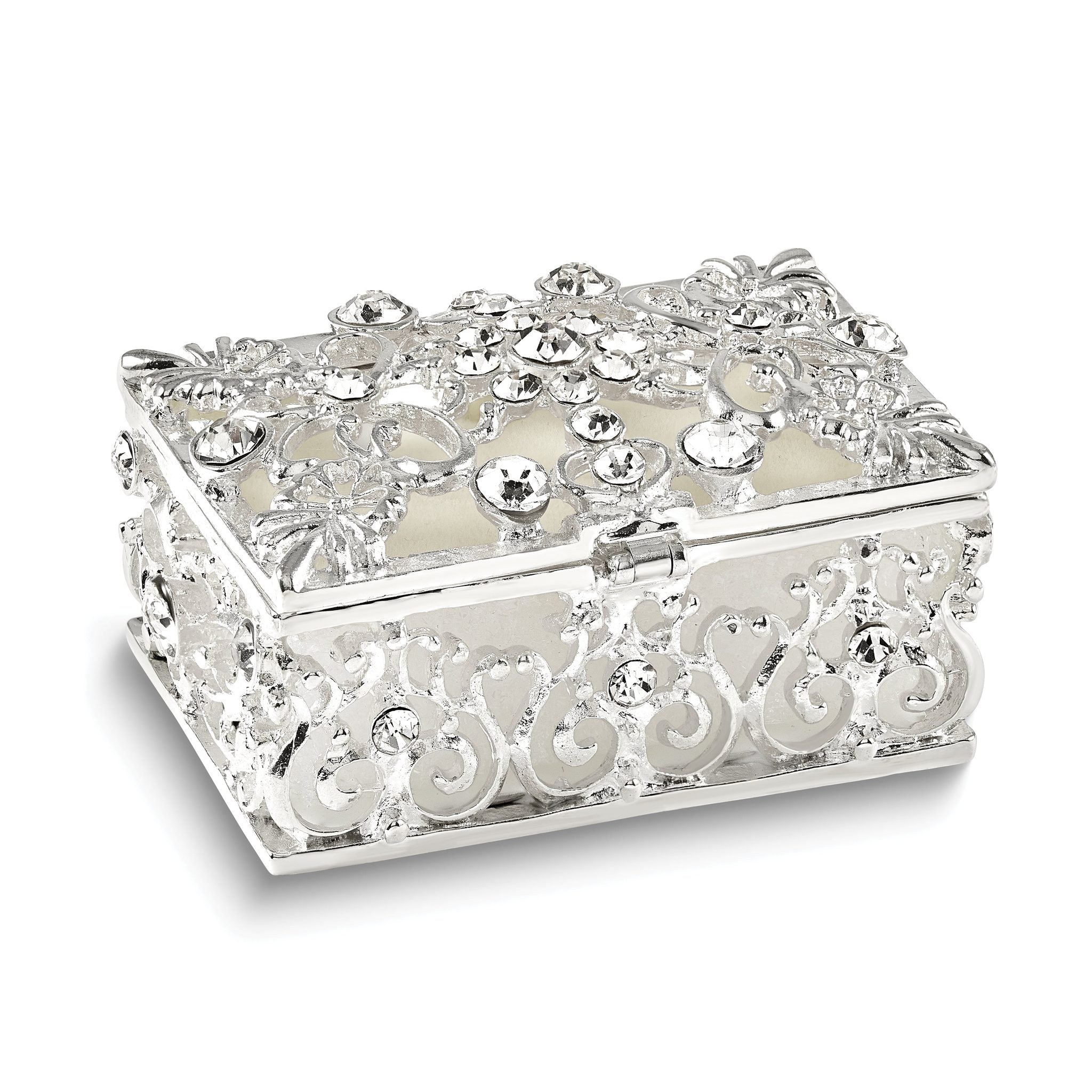 Luxury Giftware by Jere Bejeweled ALLURING Rectangle Silver-tone Heart Trinket Box with Matching 18 inch Necklace