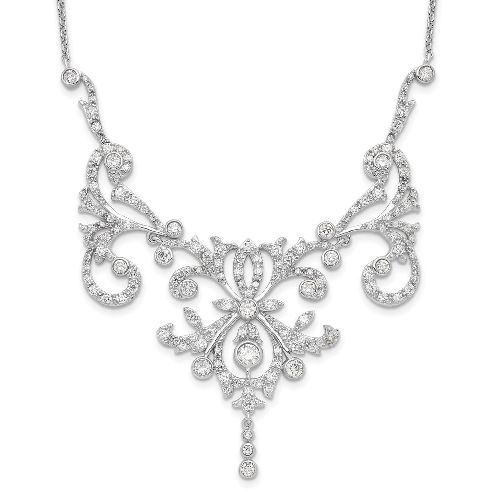 Cheryl M Sterling Silver Rhodium-plated Brilliant-cut CZ Bezel Fancy Scroll 17 Inch Necklace with 2 Inch Extender