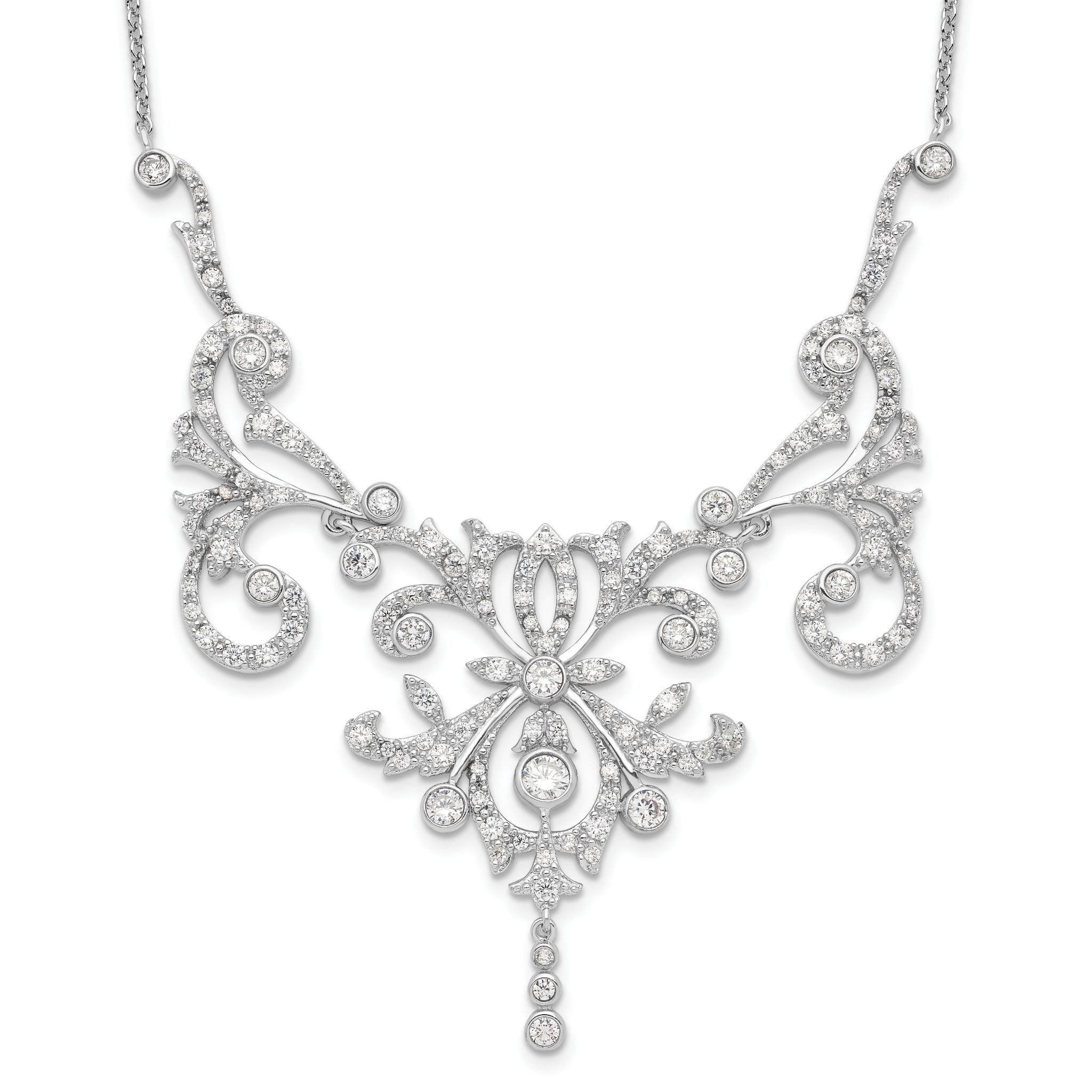 Cheryl M Sterling Silver Rhodium-plated Brilliant-cut CZ Bezel Fancy Scroll 17 Inch Necklace with 2 Inch Extender