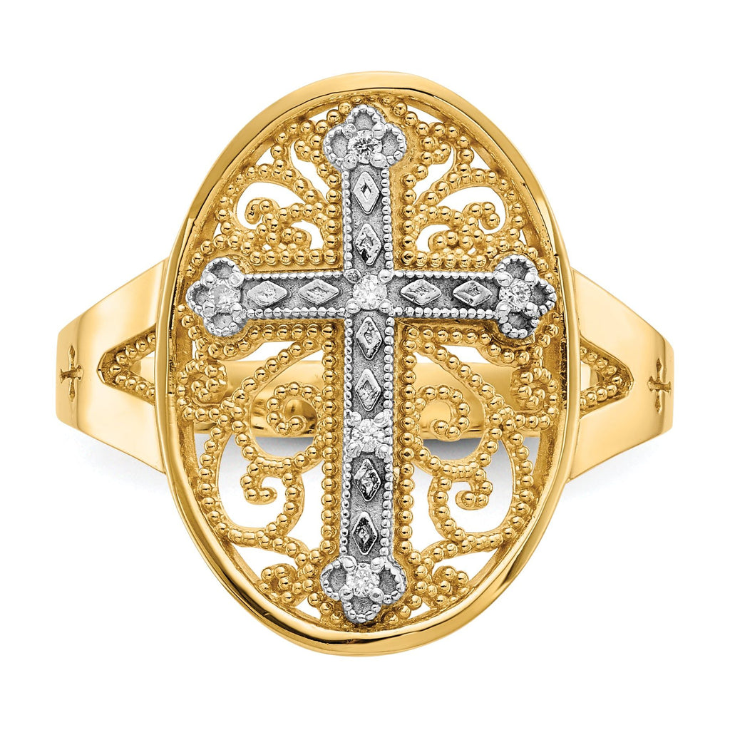 14k Yellow & White Gold Diamond Filigree Cross Ring