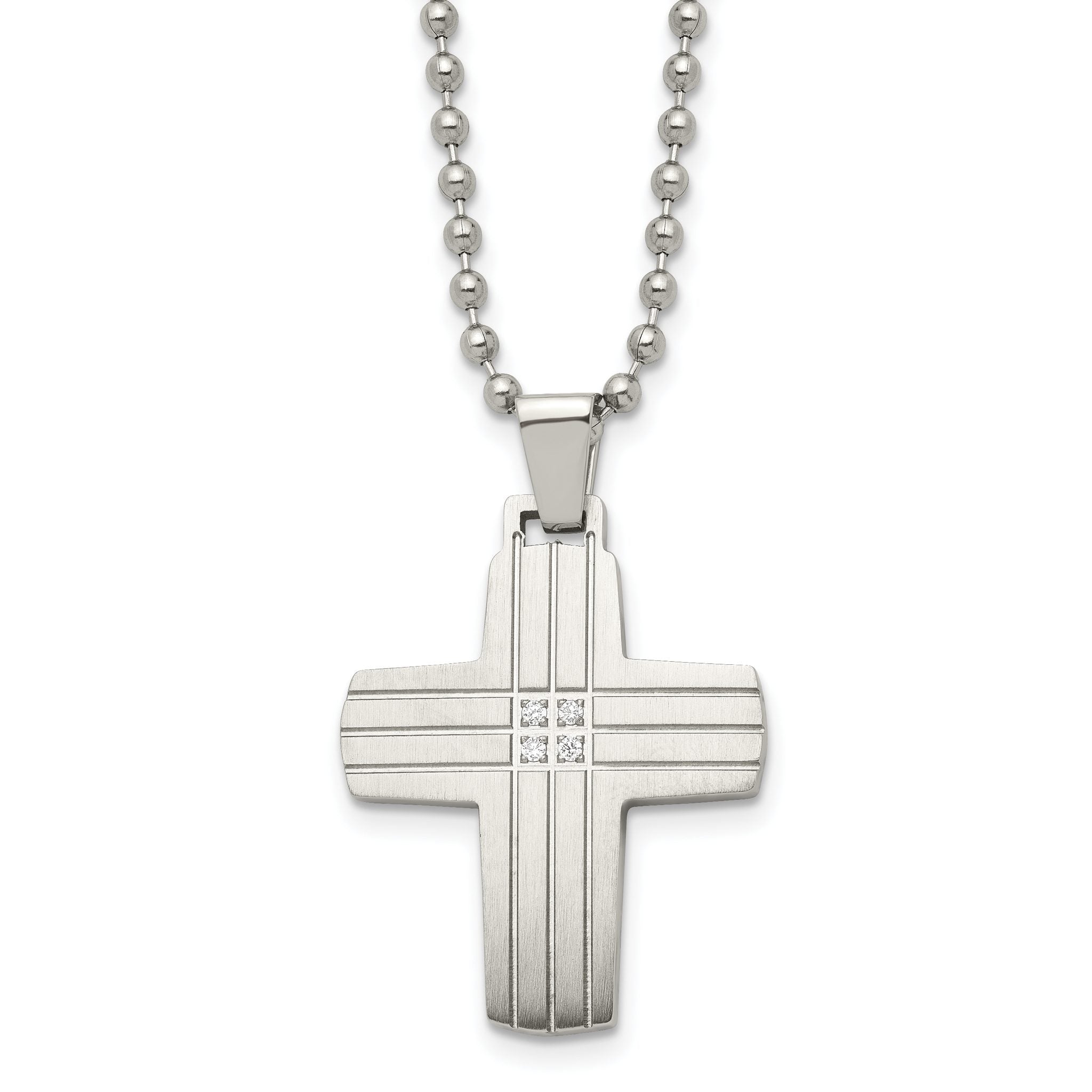 Chisel Stainless Steel Brushed and Polished with CZ Grooved Cross Pendant on a 22 inch Ball Chain Necklace Main image