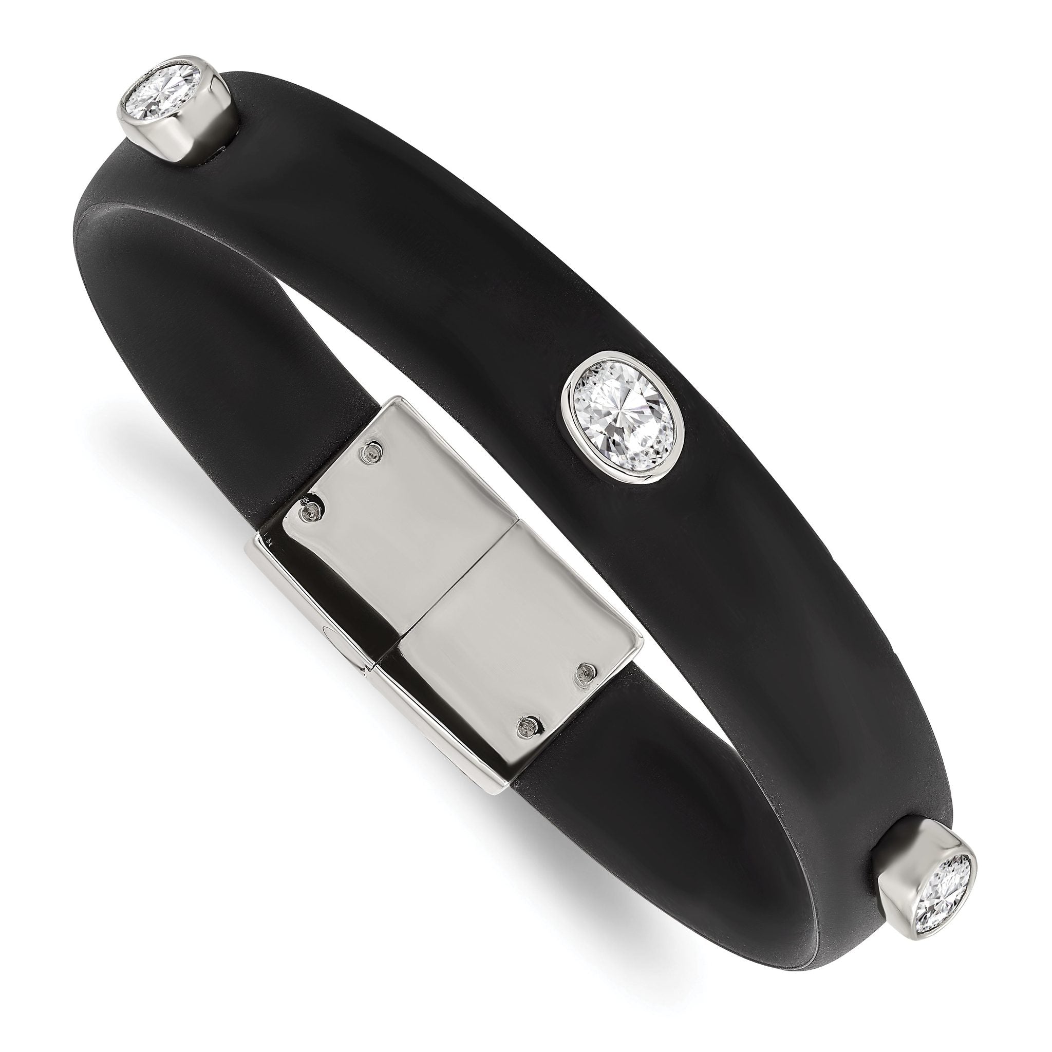 Stainless Steel Polished Black Silicone with Cubic Zirconia Bracelet Main image