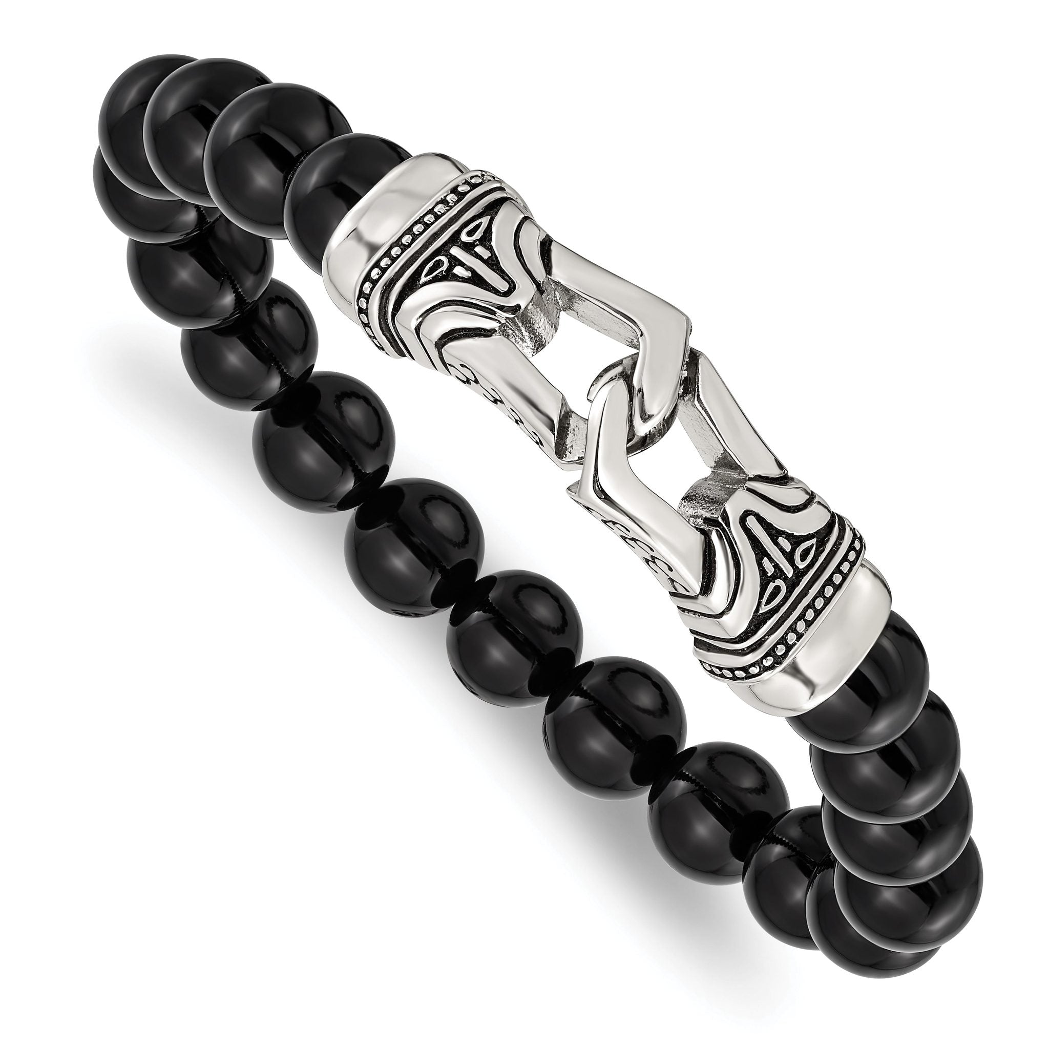 Stainless Steel Antiqued and Polished 10mm Black Agate Beaded Stretch Bracelet for Men