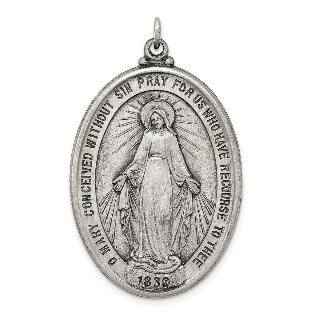 Antiqued Sterling Silver Miraculous Medal Pendant, Solid and Vintage-Inspired