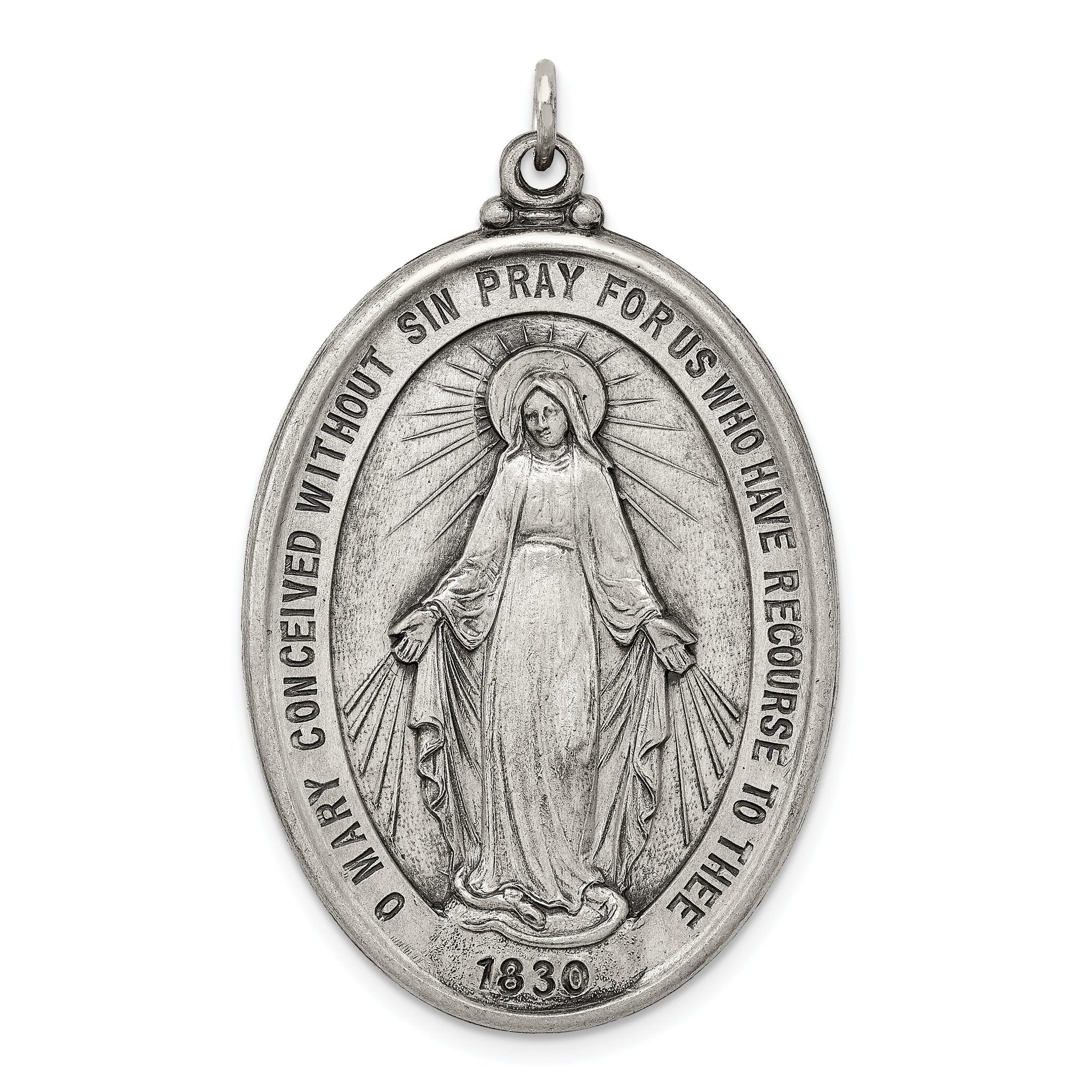 Antiqued Sterling Silver Miraculous Medal Pendant, Solid and Vintage-Inspired