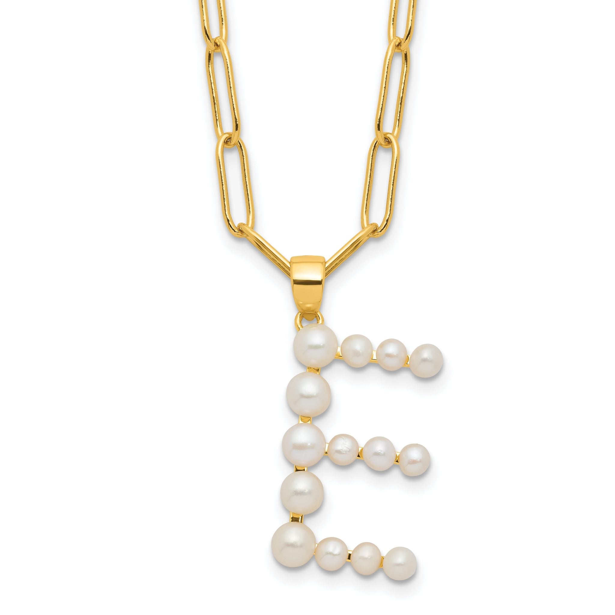 Sterling Silver Gold-plated 3-6mm White Button Freshwater Cultured Pearl LETTER E 18 inch Necklace Main image