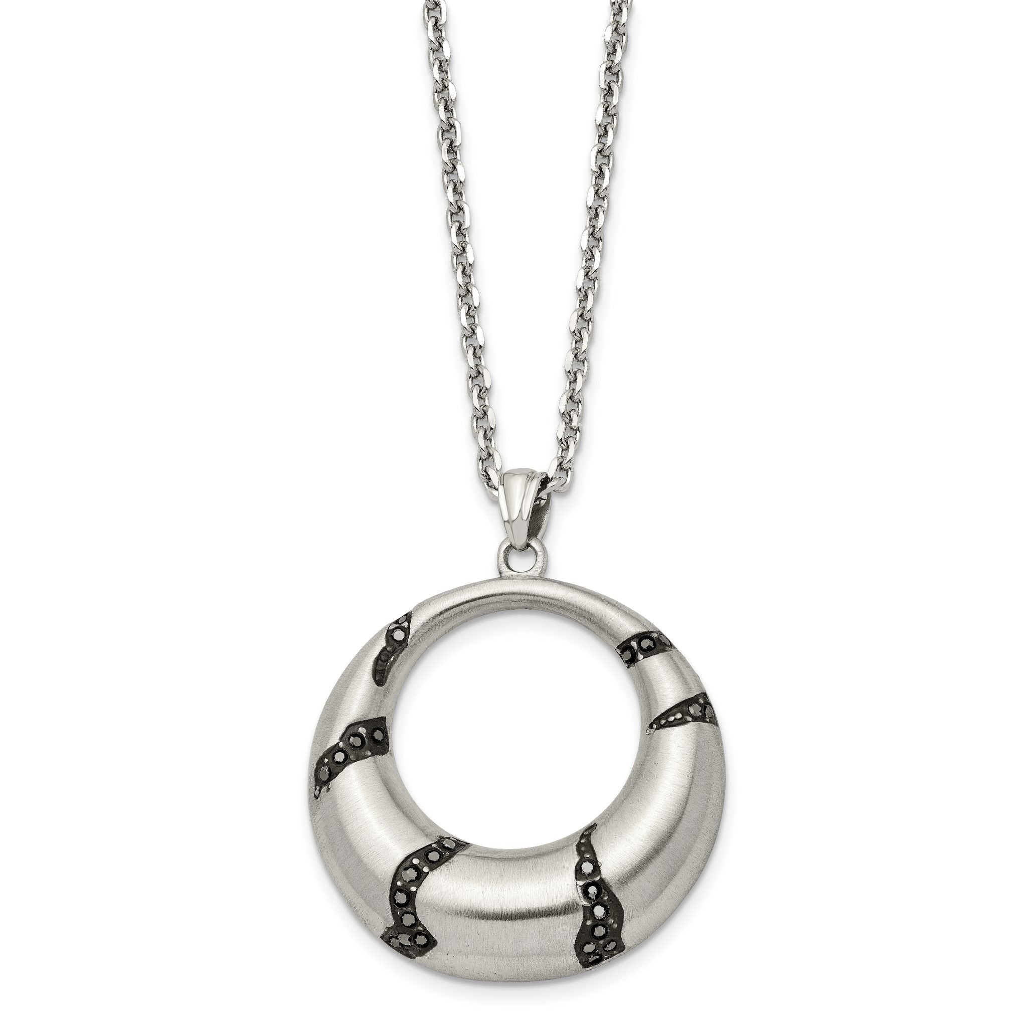 Stainless Steel Brushed Enameled w/Crystal Circle 20in Necklace Main image