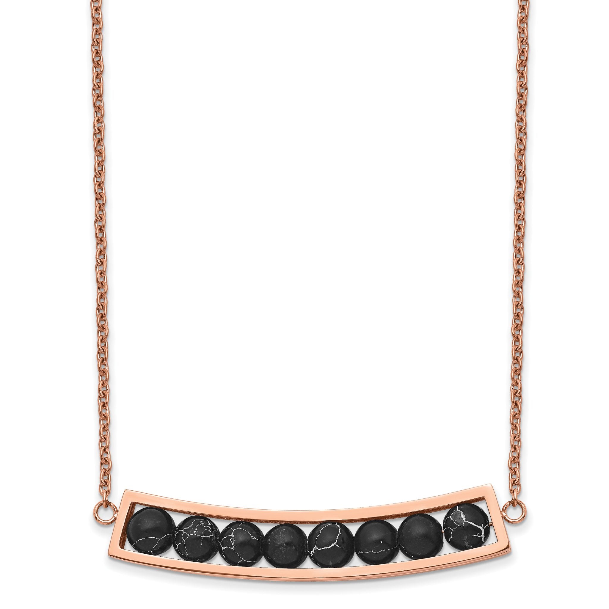Chisel Stainless Steel Polished Rose IP-plated Bar with Black Grain Stone on a 17.5 inch Cable Chain with a 2 inch Extension Necklace Main image