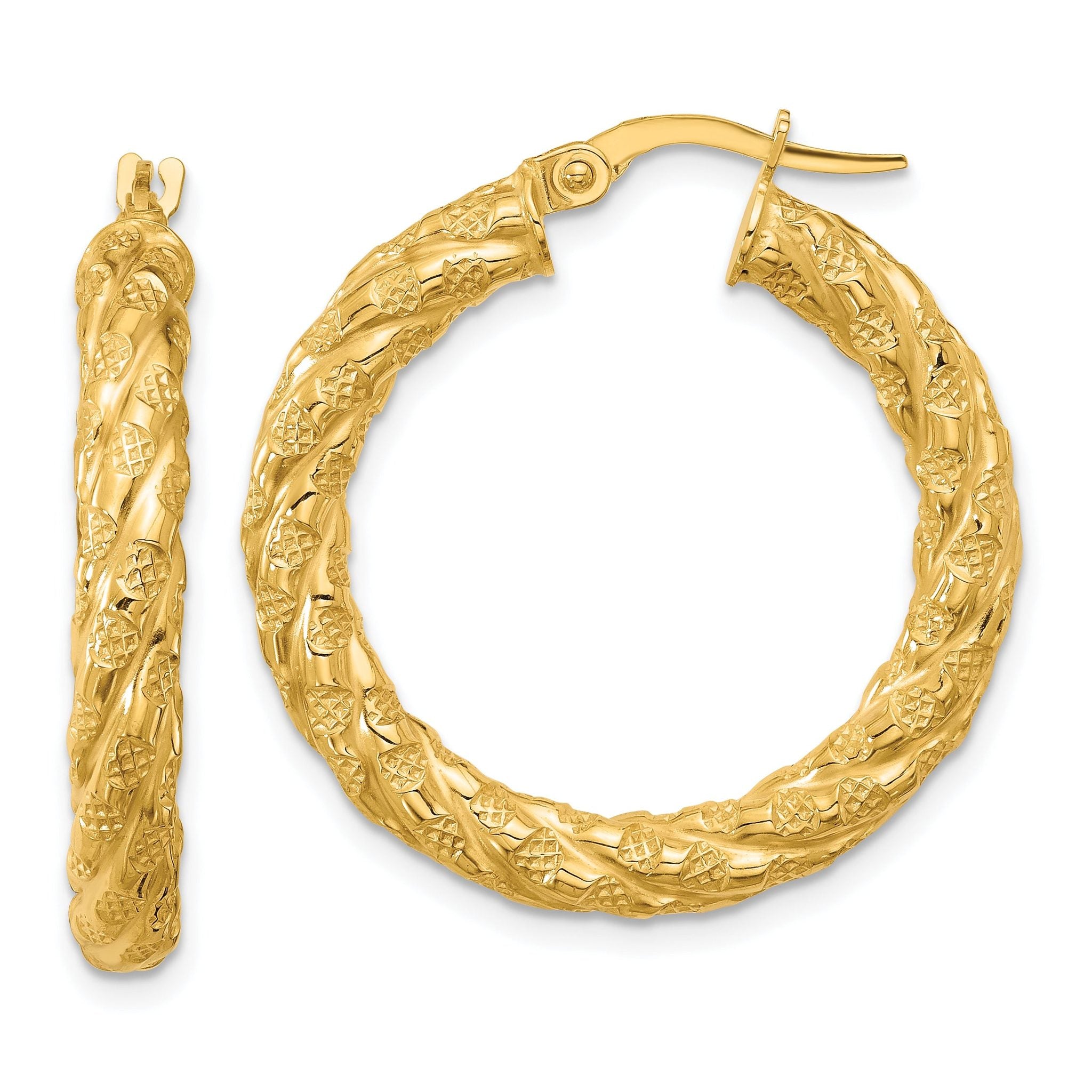14k Polished and Textured Twisted Circle Hoop Earrings Main image