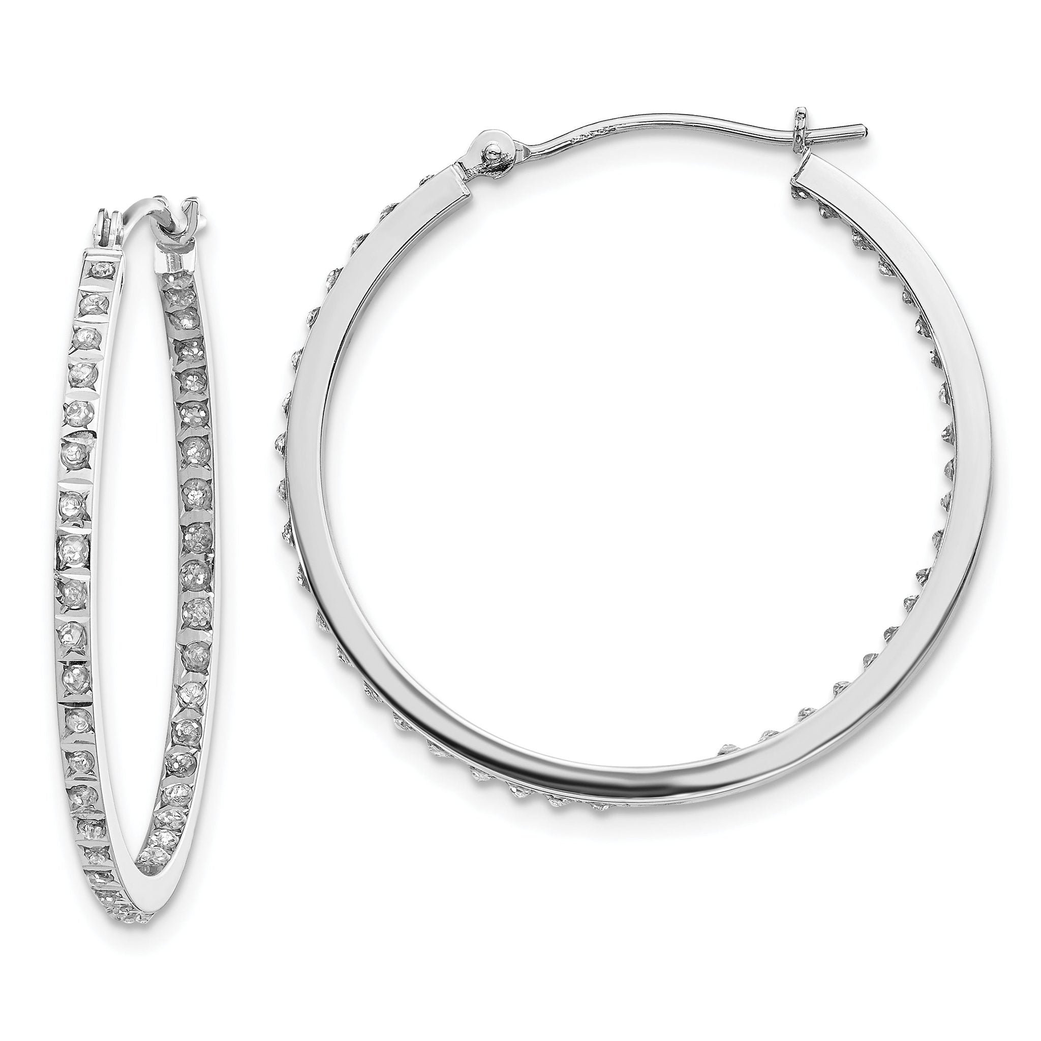 14K White Gold Diamond Hoop Earrings with Polished Finish and Hinged Design