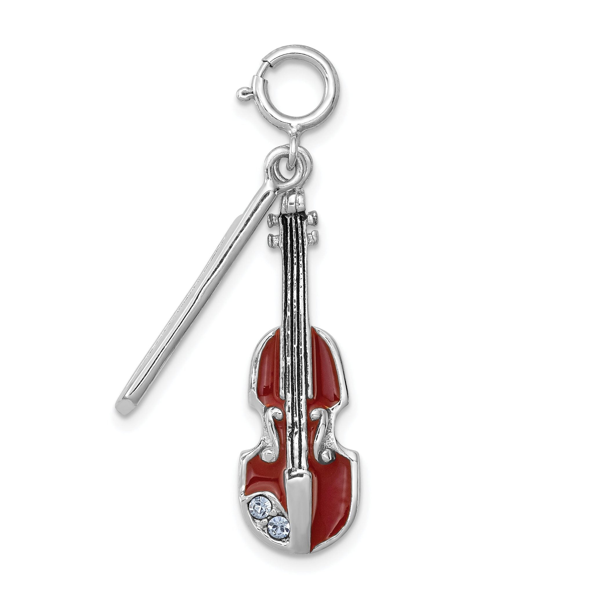 Sterling Silver 925 Violin Charm with Rhodium Finish and Crystals