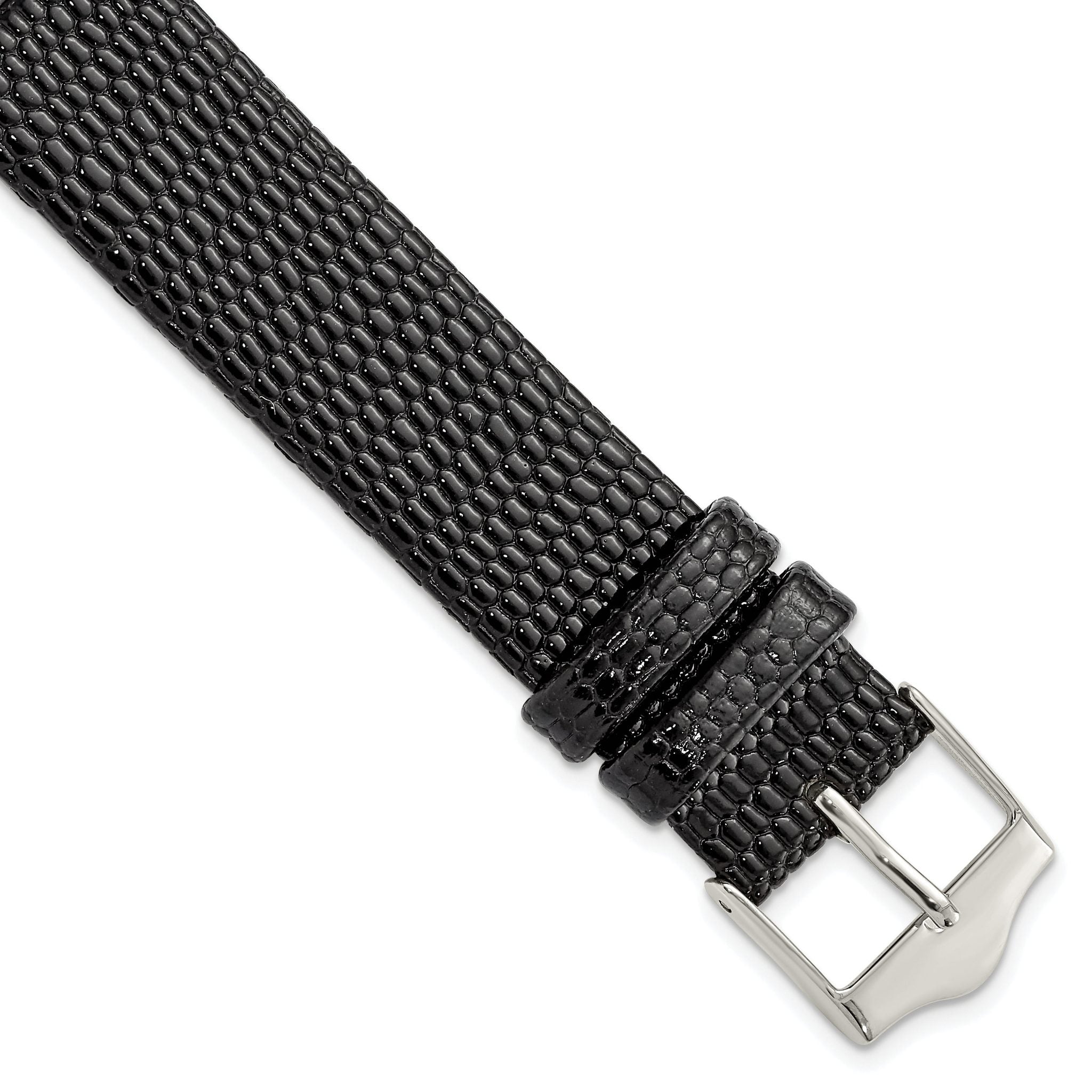 Flat Black Lizard-Grain Leather Watch Band in Silver-Tone, 14mm