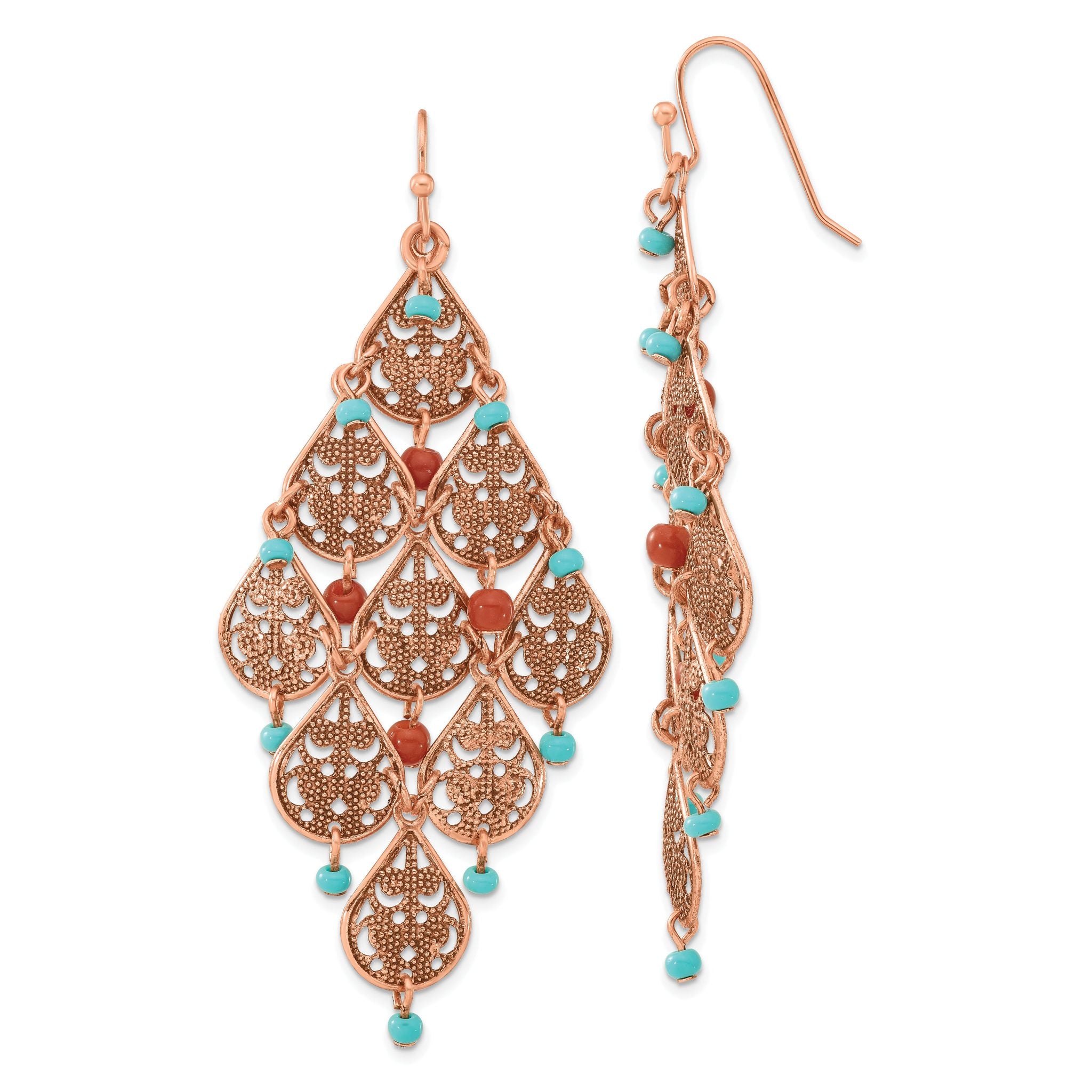 1928 Jewelry Copper-tone Filigree Pear Shaped and Aqua and Brown Acrylic Beads Dangle Chandelier Earrings Main image