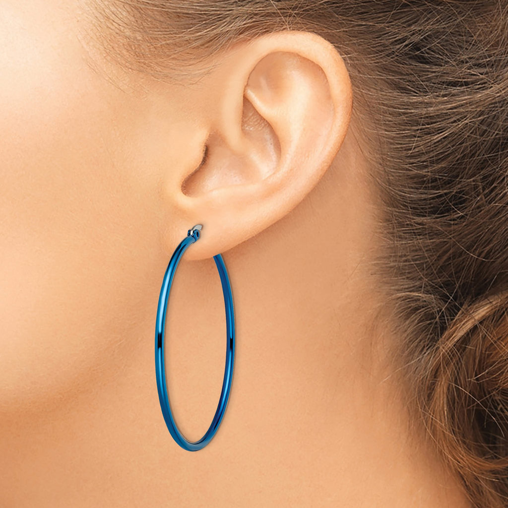 Stainless Steel Blue Polished Hoop Earrings for Women