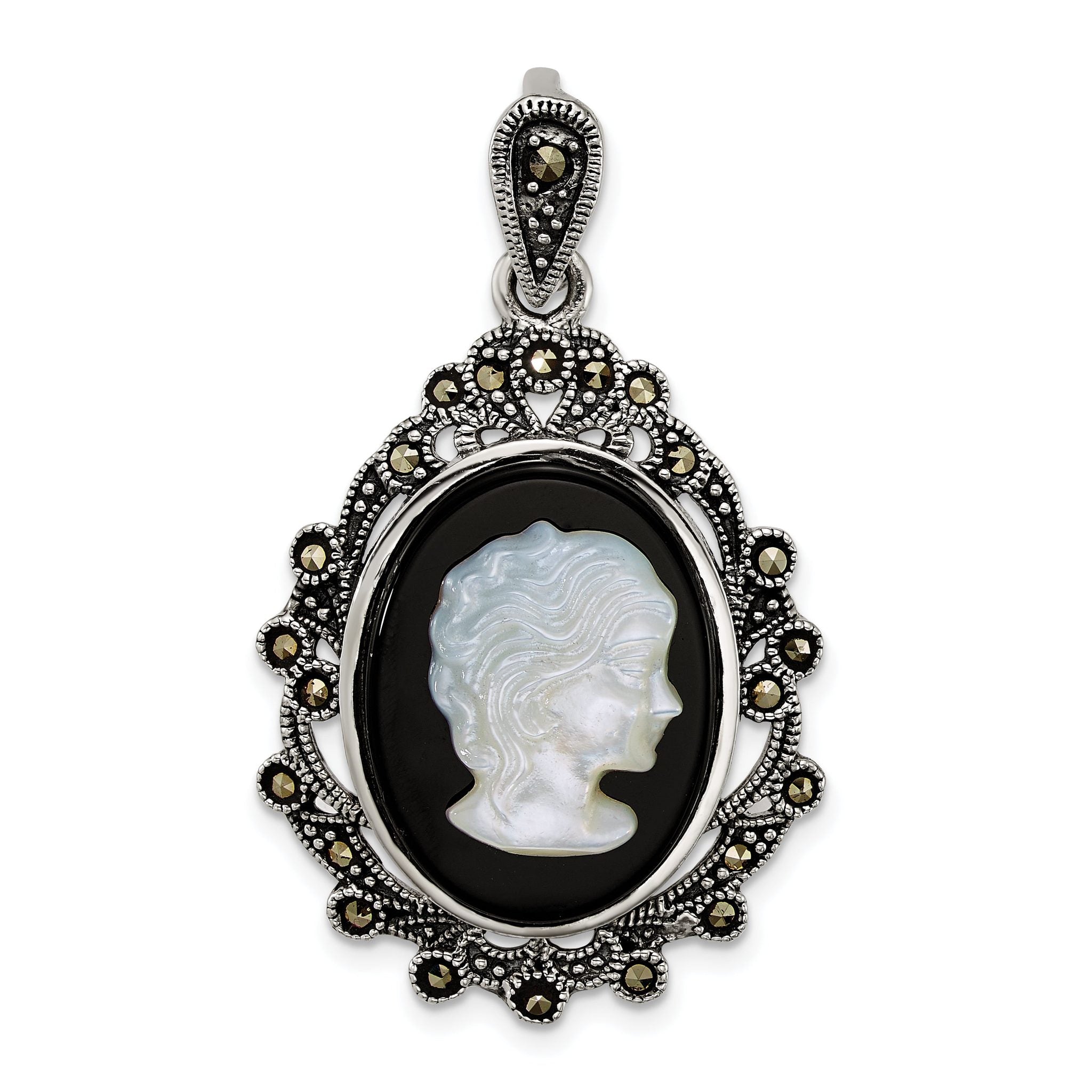 Sterling Silver Antiqued Marcasite with Black Agate and Mother of Pearl Cameo Pendant Main image