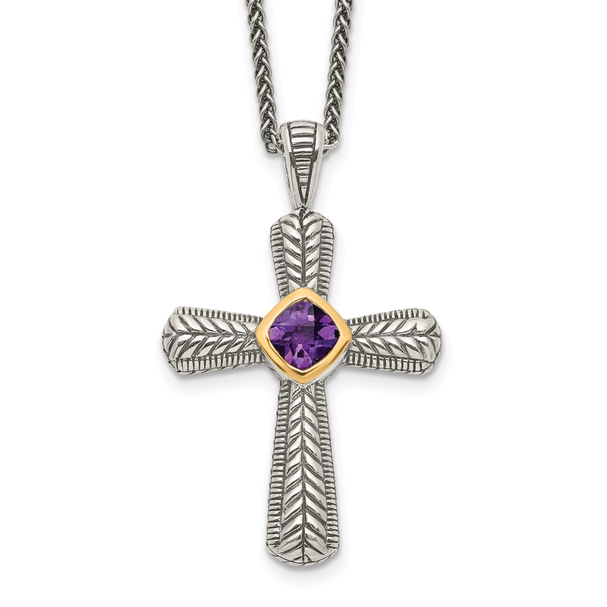 Shey Couture Sterling Silver with 14K Accent 18 Inch Antiqued Cushion Bezel Amethyst Cross Necklace Main image