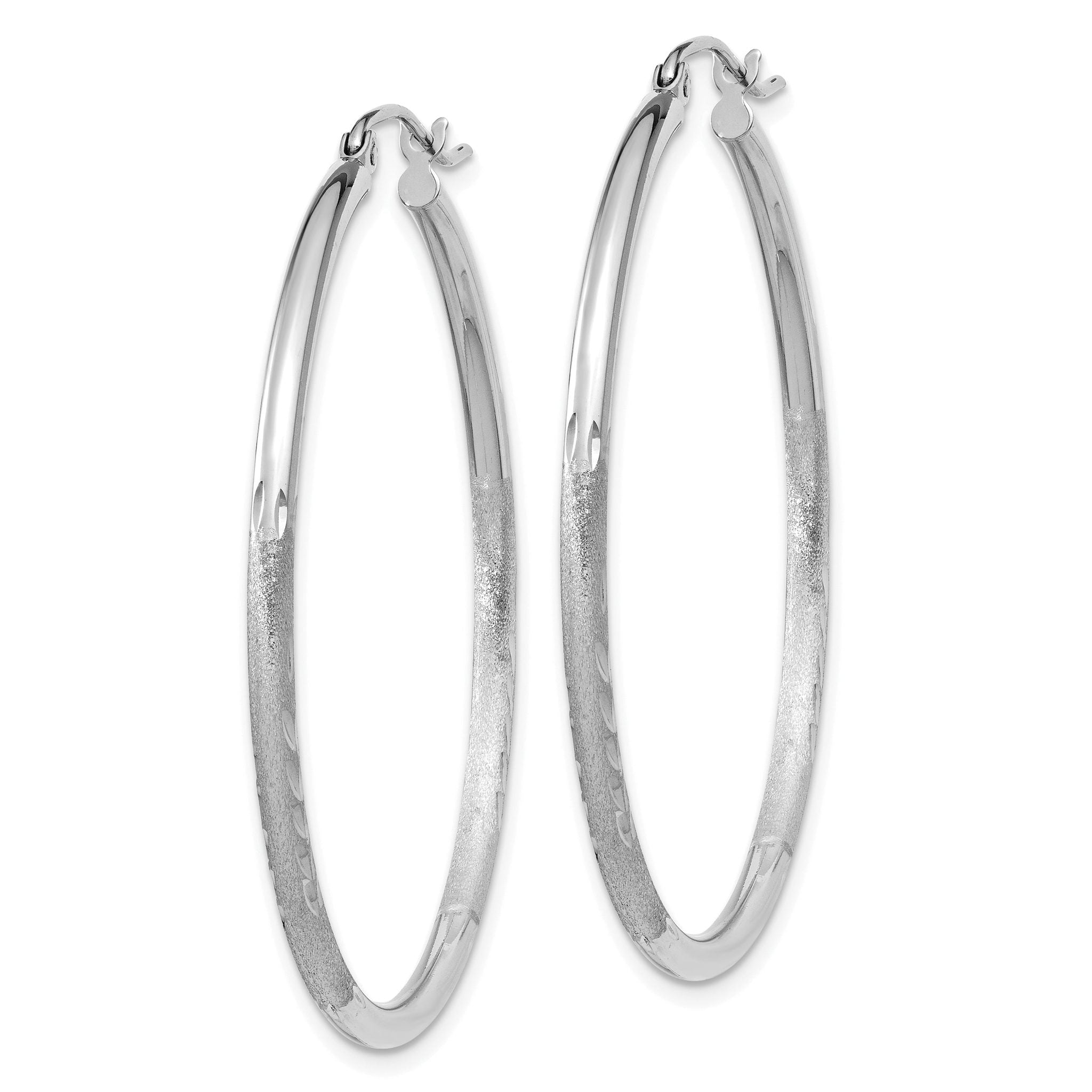 14k White Gold Satin and Diamond-cut 2mm Round Hoop Earrings Secondary image