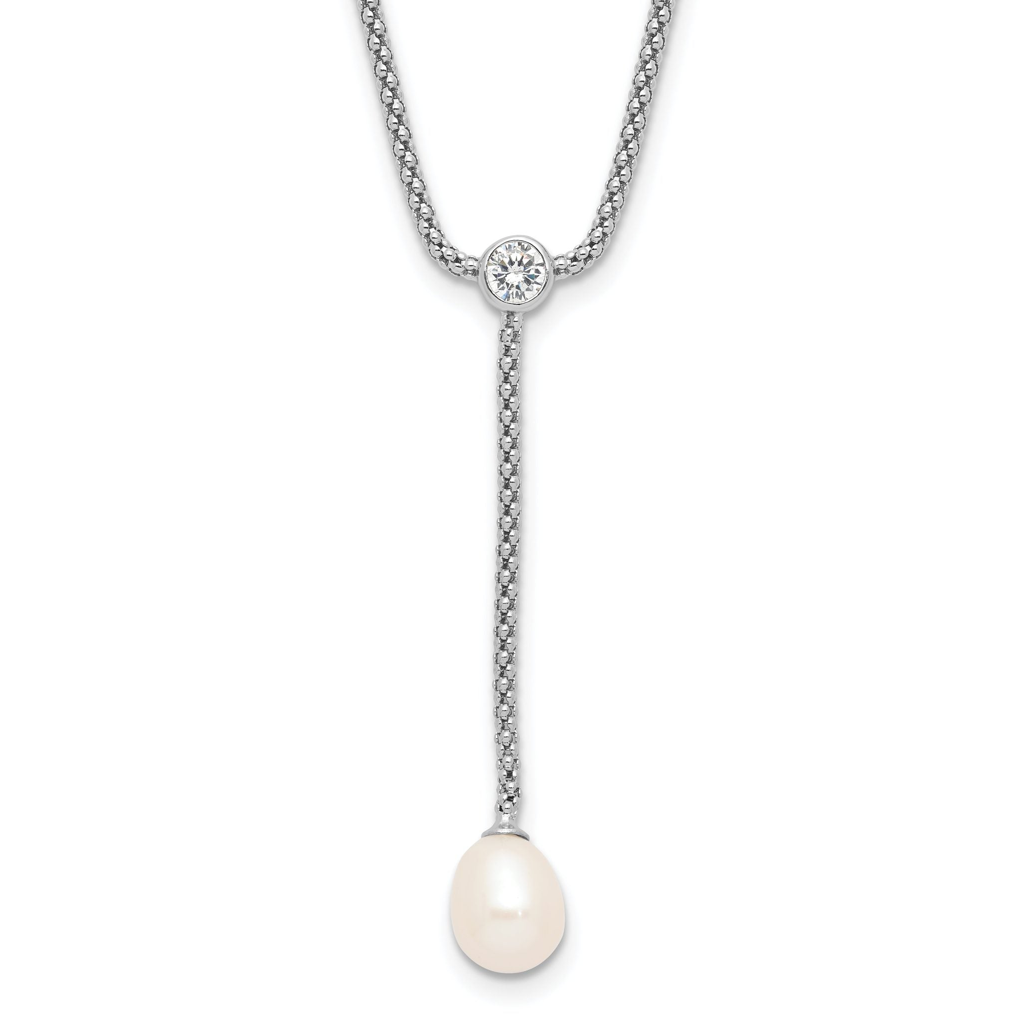 Sterling Silver Rhodium-Rhodium-Plated 8-9mm Teardrop Freshwater Cultured Pearl and CZ Drop Dangle 18 inch Necklace Main image
