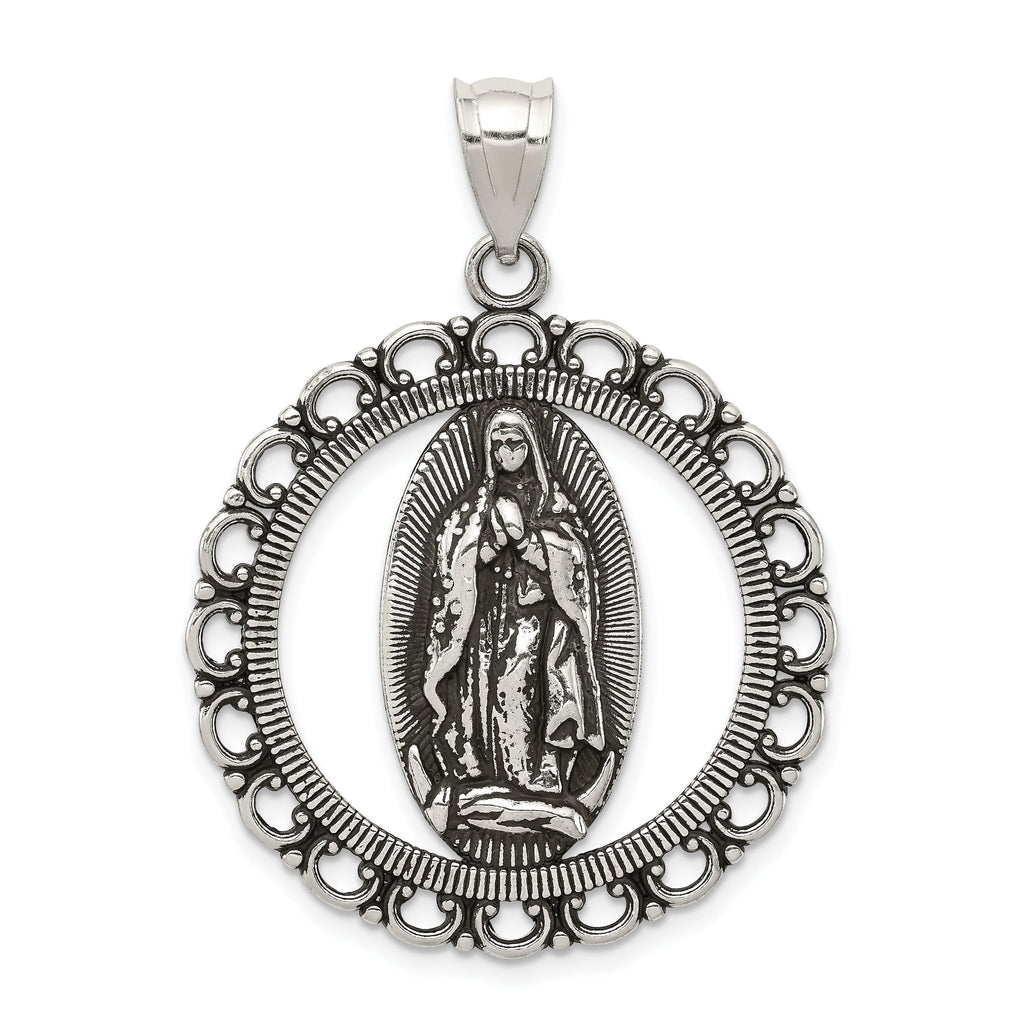 Sterling Silver 925 Antiqued Religious Circle Pendant Ruffled Elegance