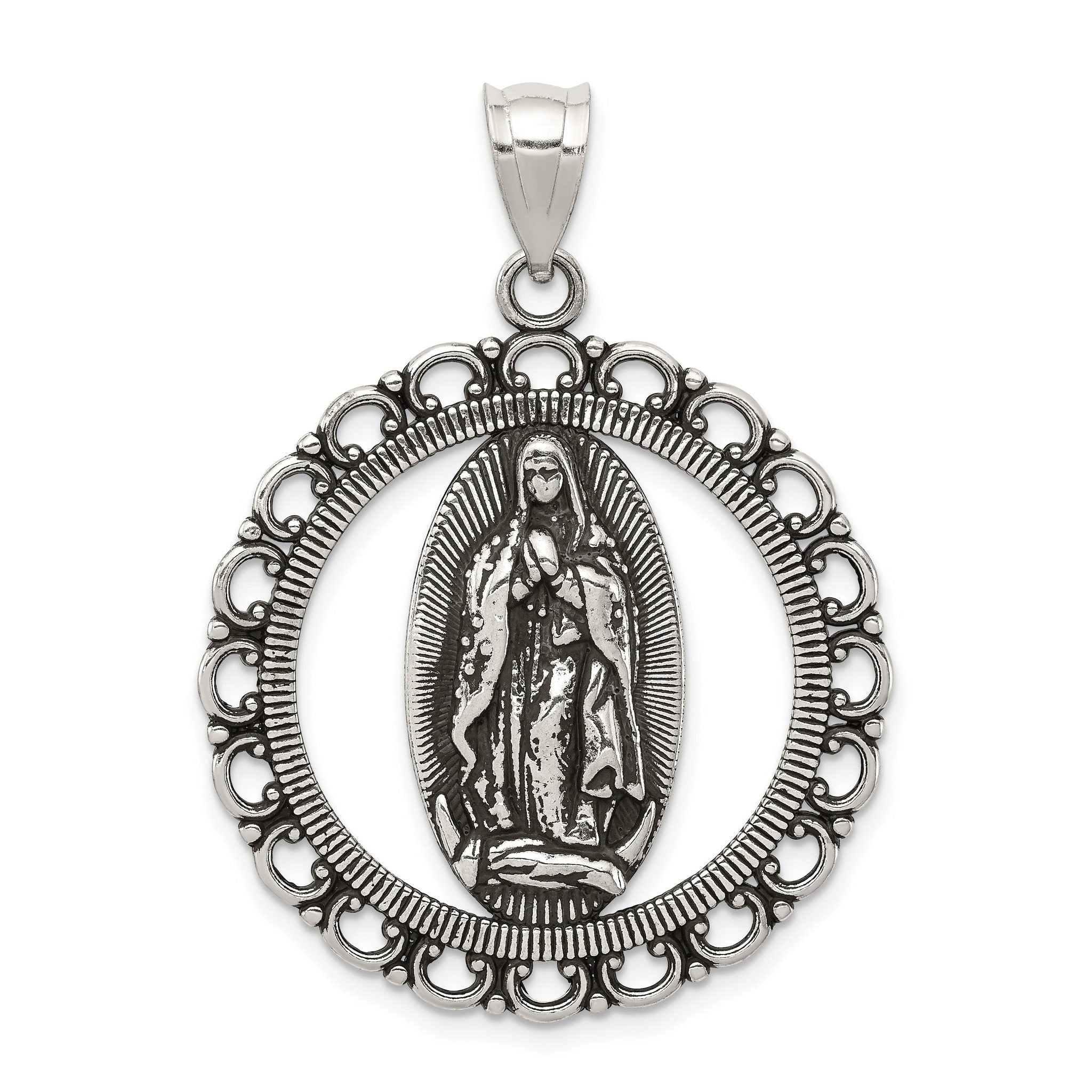 Sterling Silver 925 Antiqued Religious Circle Pendant Ruffled Elegance