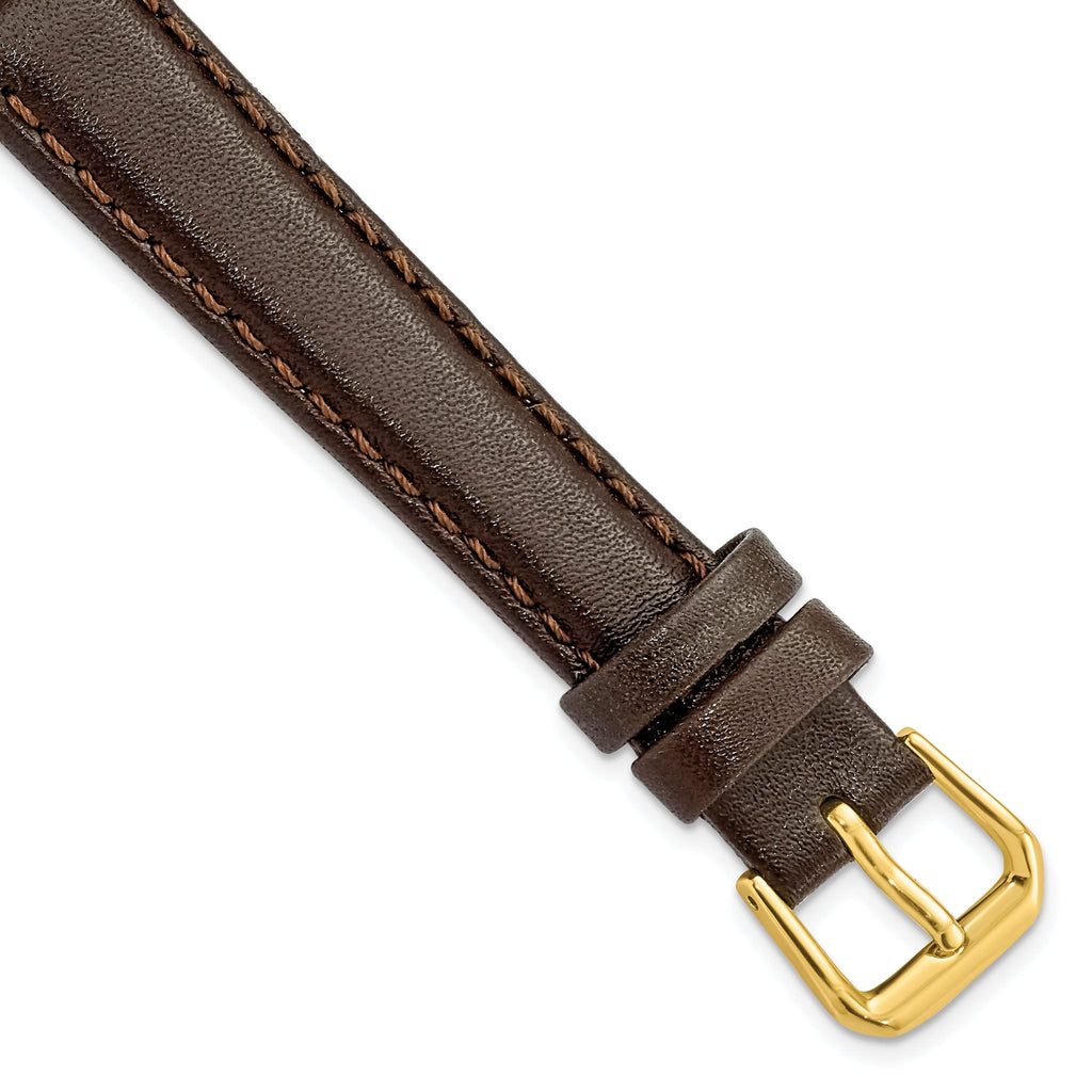 Smooth Leather Watch Band in Dark Brown with Gold-Tone Buckle, 16mm