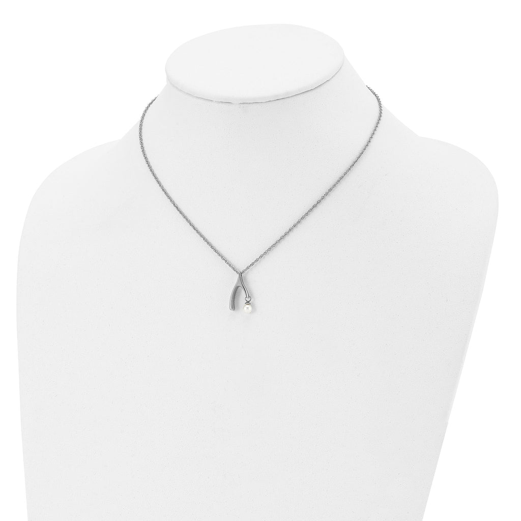 Stainless Steel Polished Wishbone Imitation Pearl 16in Necklace