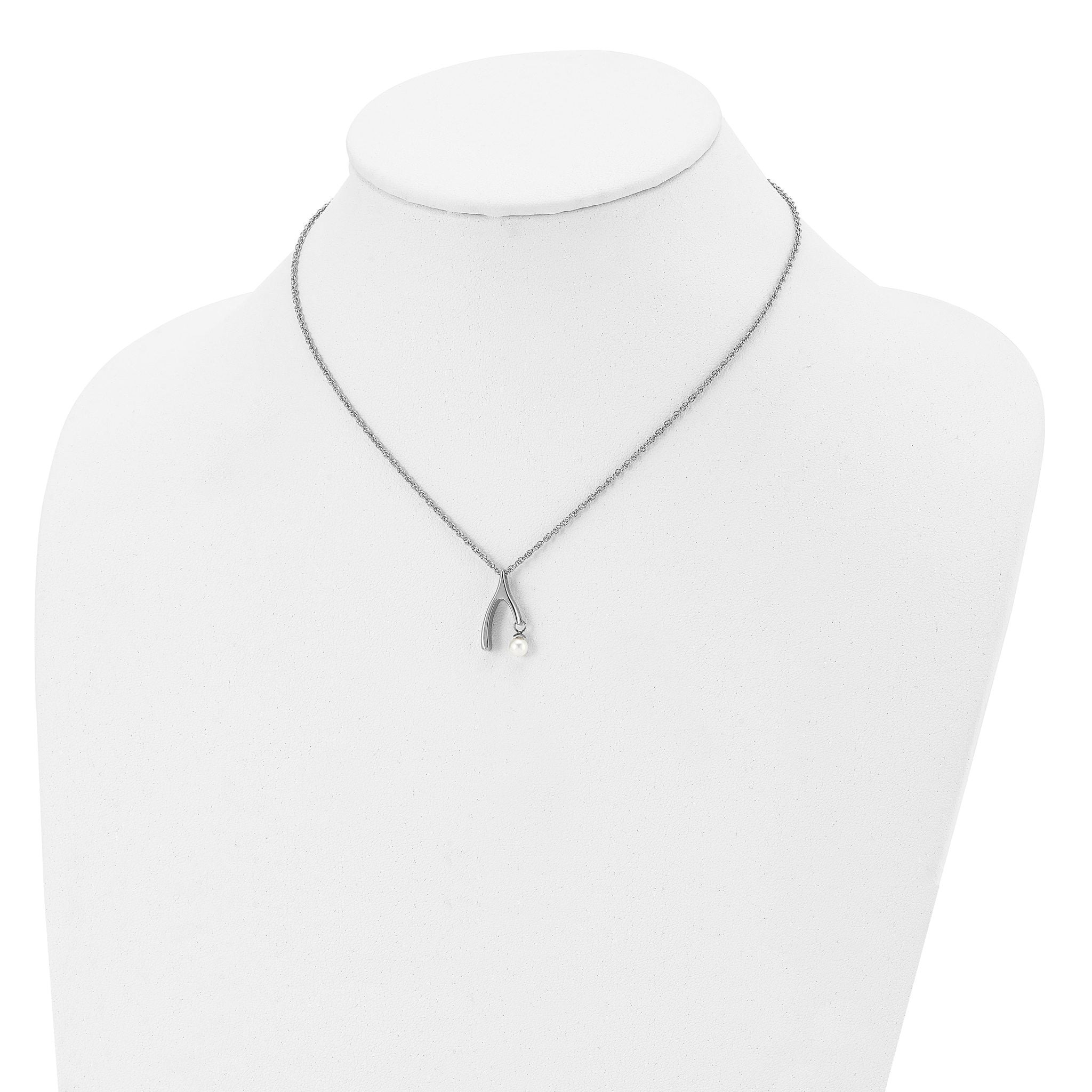 Stainless Steel Polished Wishbone Imitation Pearl 16in Necklace