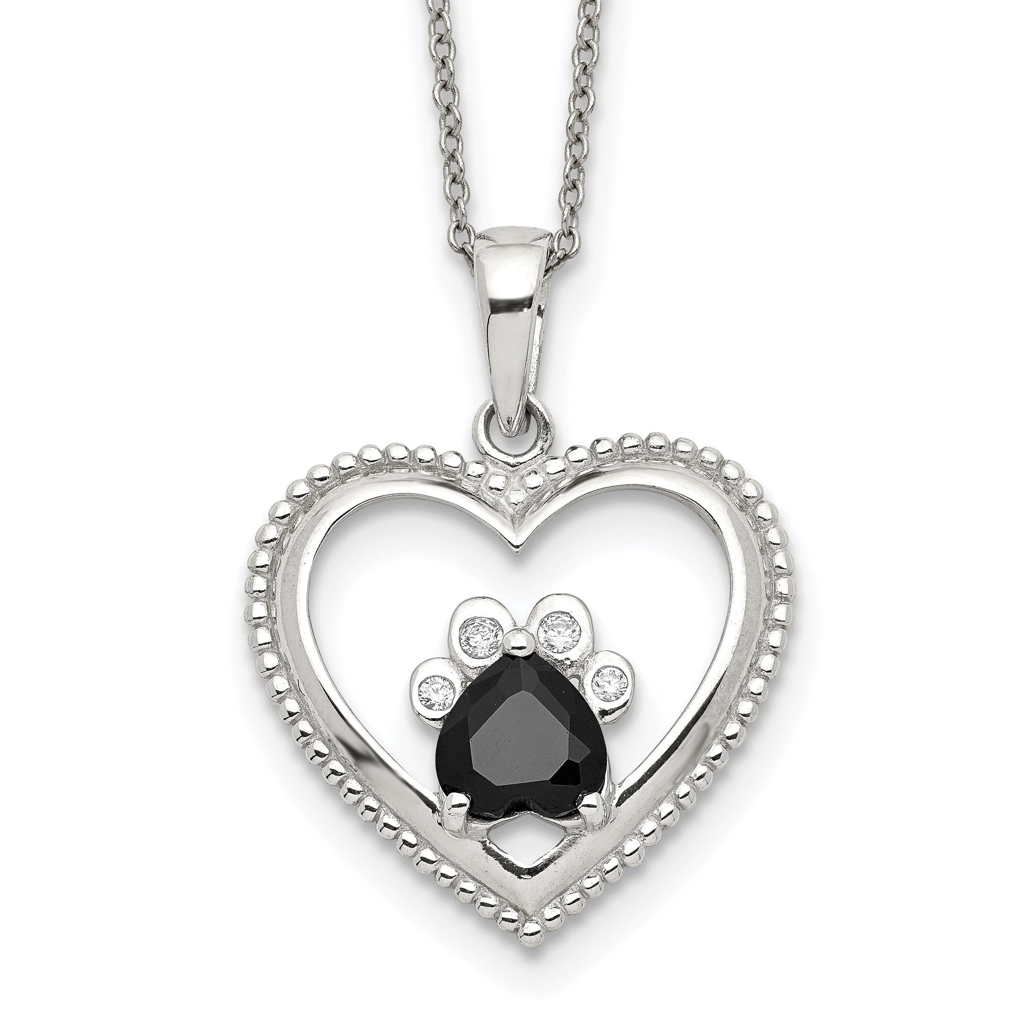 Sterling Silver Black and White CZ Heart with Paw Print 18 inch Necklace Main image