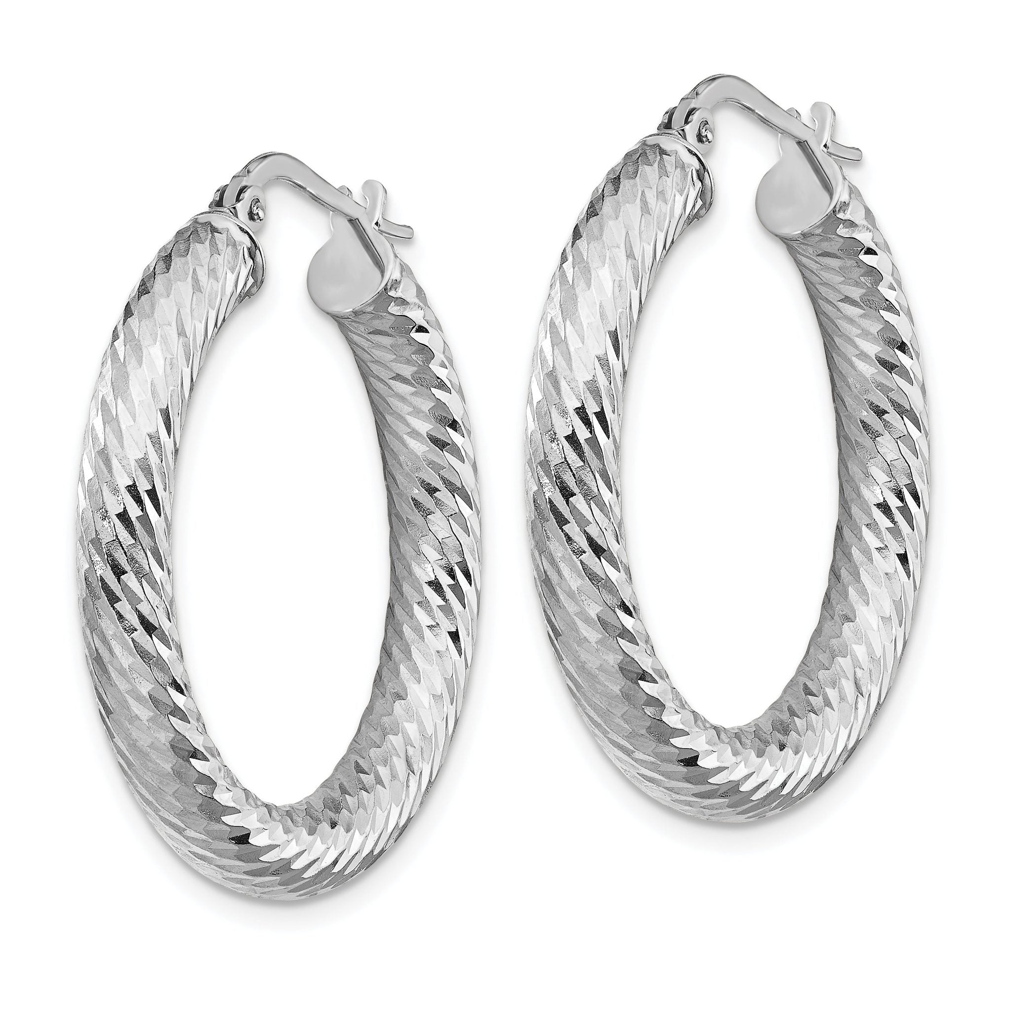 14k 4x20mm White Gold Diamond-cut Round Hoop Earrings Secondary image