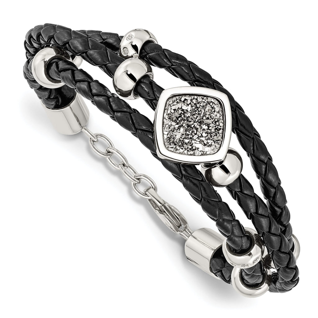 Stainless Steel with . ext Polished with Druzy and Crystal Leather Bracelet for Women