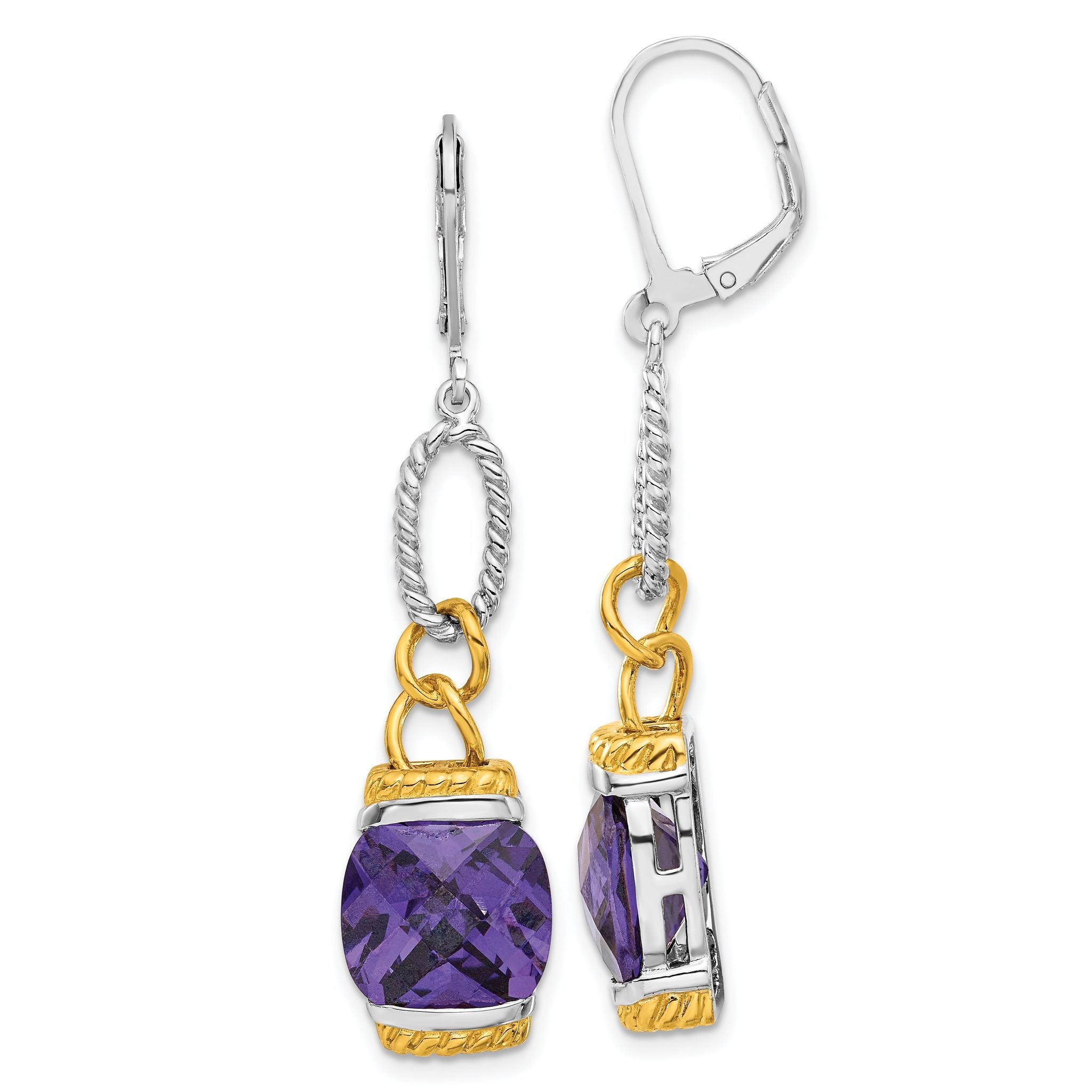 Sterling Silver w/ Gold-tone Vermeil Purple CZ Dangle Earrings Main image