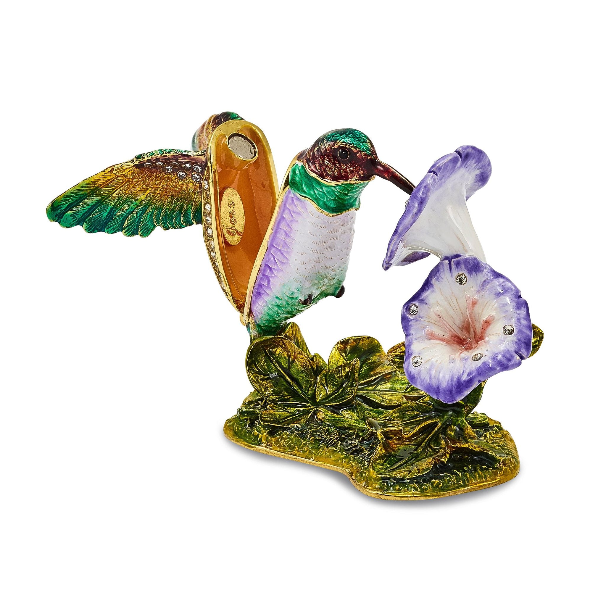 Luxury Giftware by Jere Pewter Bejeweled Crystals Gold-tone Enameled STELLA Hummingbird & Morning Glory Trinket Box with Matching 18 Inch Necklace Secondary image