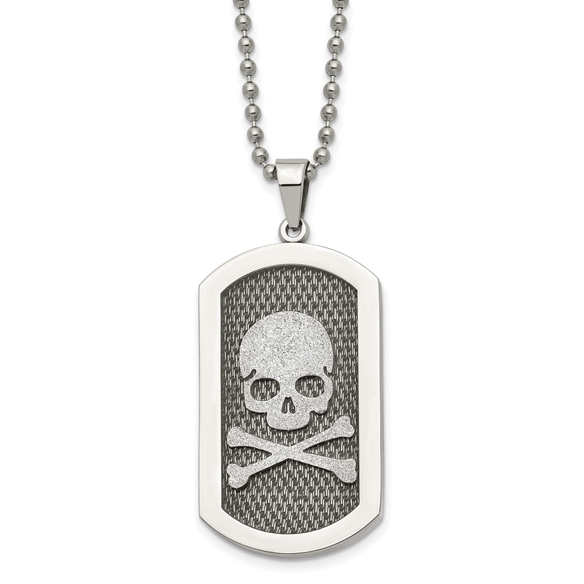 Chisel Stainless Steel Brushed and Polished Laser Cut Skull and Crossbones Dog Tag on a 24 inch Ball Chain Necklace Main image