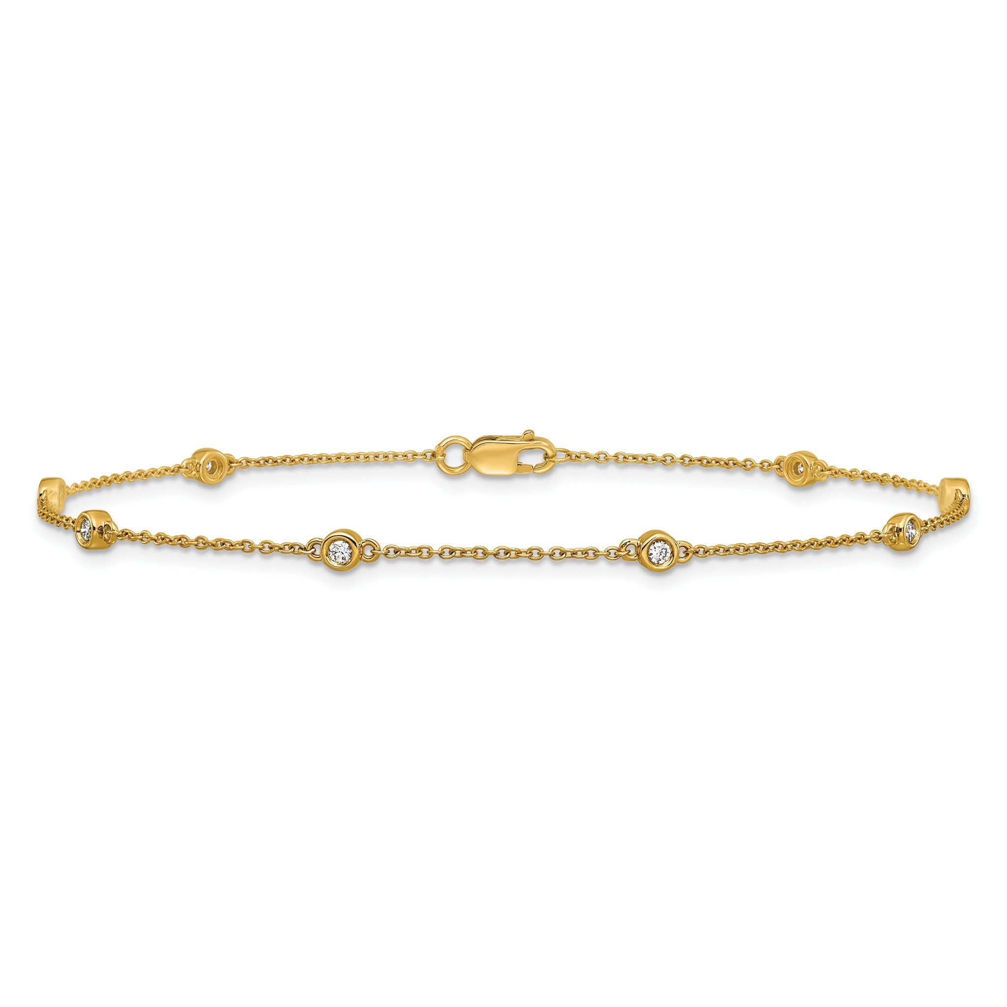 14k Complete 1/8 carat Bezel-set Diamond and Cable Chain 8-Station 9 inch Anklet