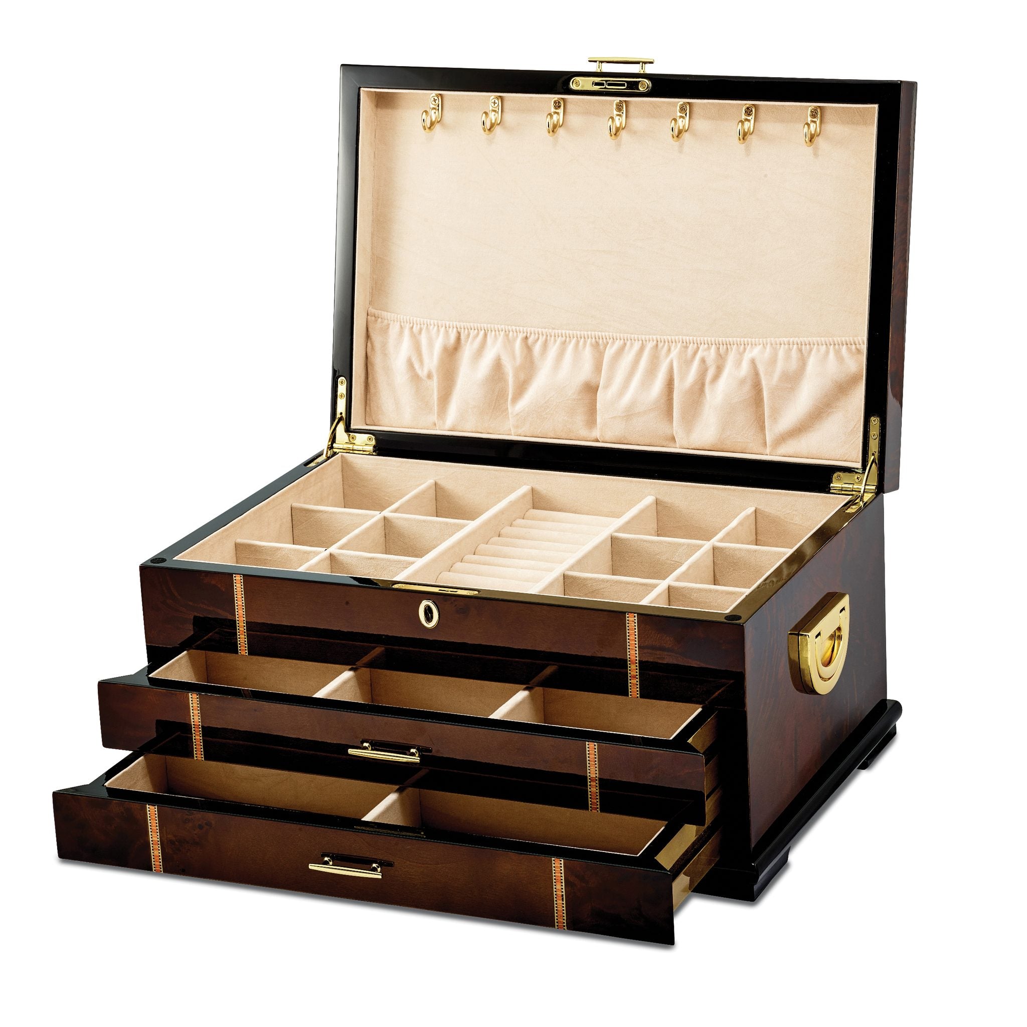 Luxury Giftware High GloSterling Silver Rustic Burlwood Veneer w/Walnut and Scrolled Inlay 2-drawer Locking Wooden Jewelry Chest