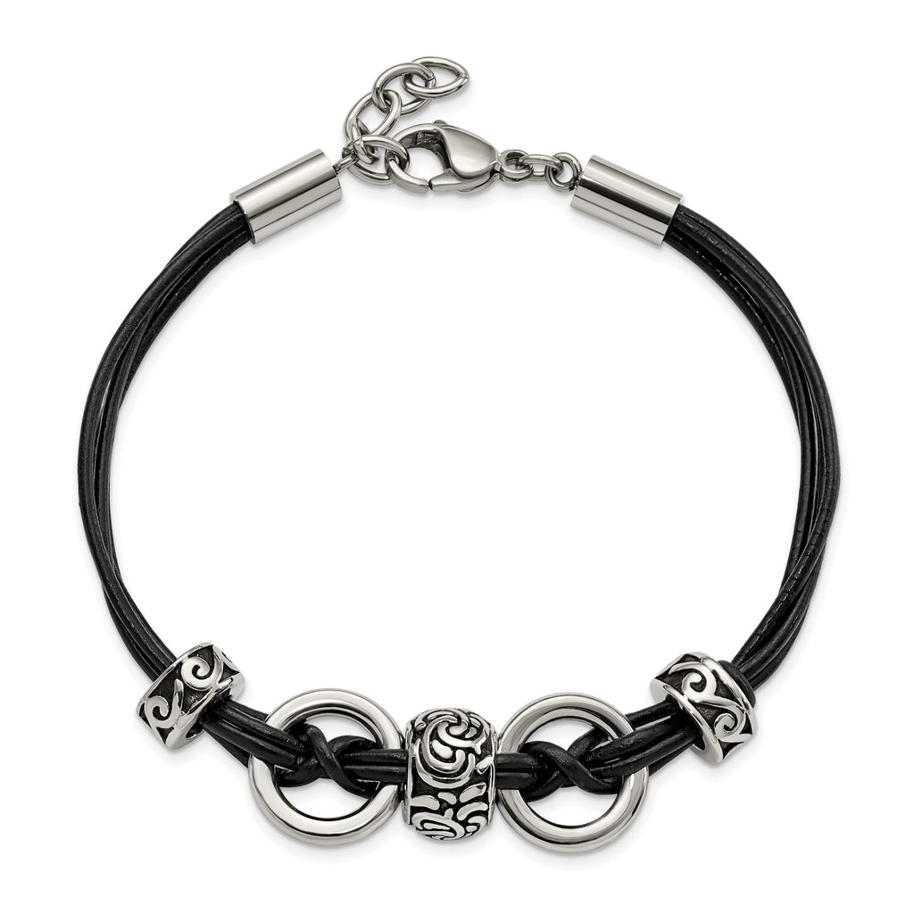 Stainless Steel Antiqued and Polished Leather with ext Bracelet for Women