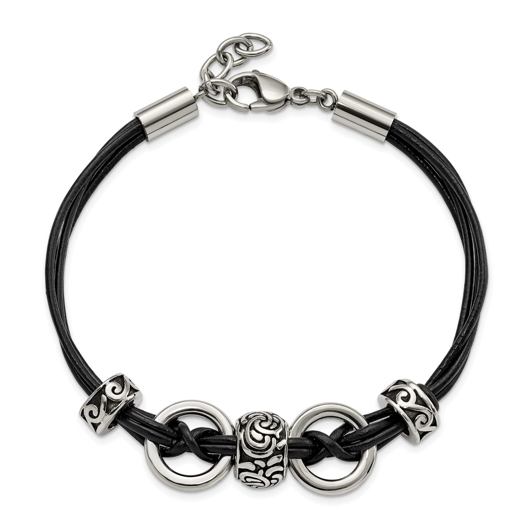 Stainless Steel Antiqued and Polished Leather with ext Bracelet for Women