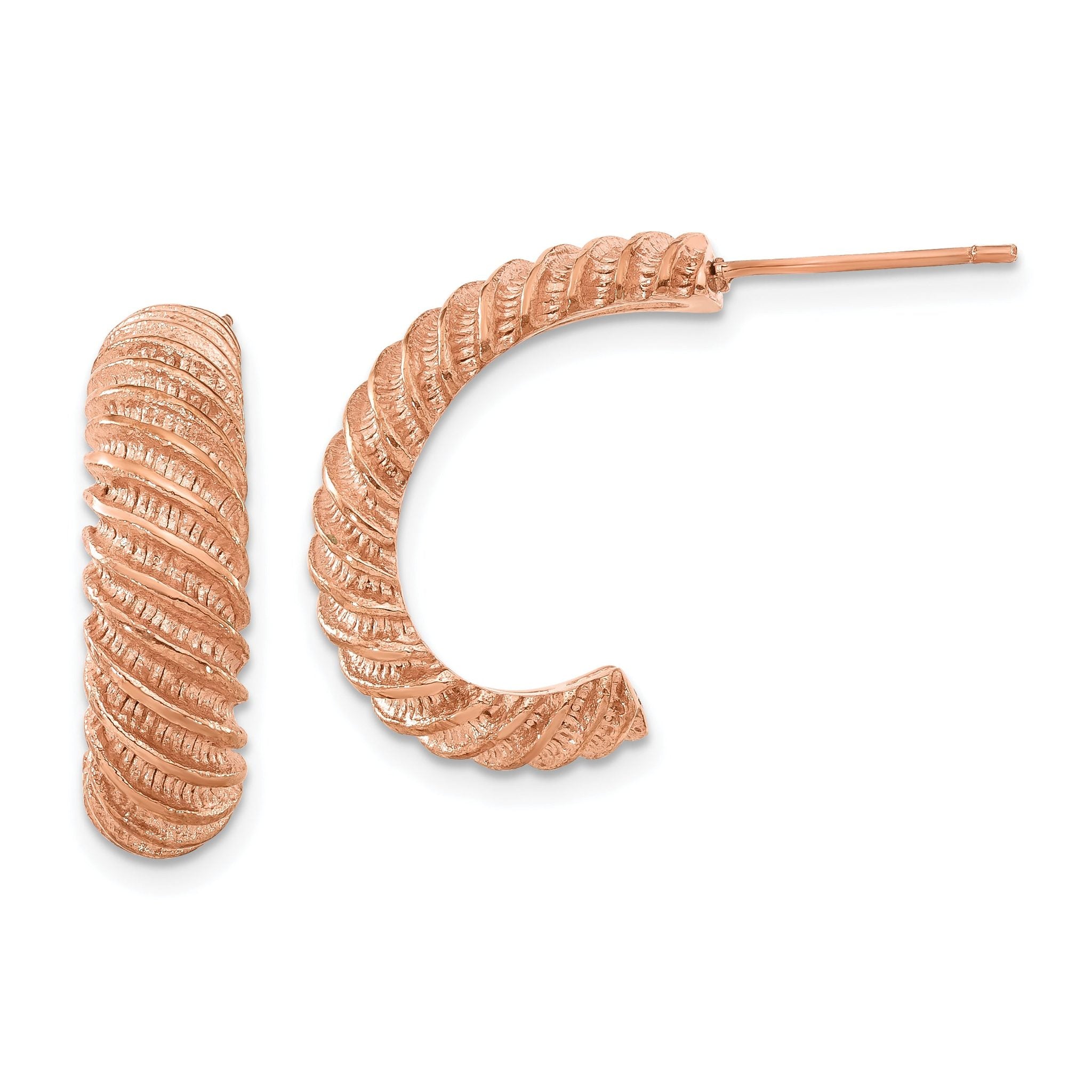 Stainless Steel Rose Gold-Tone Polished Textured J-Hoop Earrings for Women