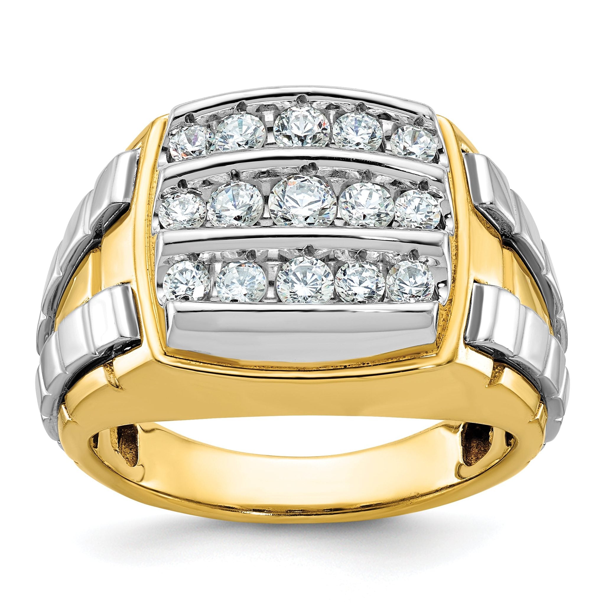 14k Two-tone Men's Polished and Grooved 3-Row 1 Carat AA Quality Diamond Cluster Ring
