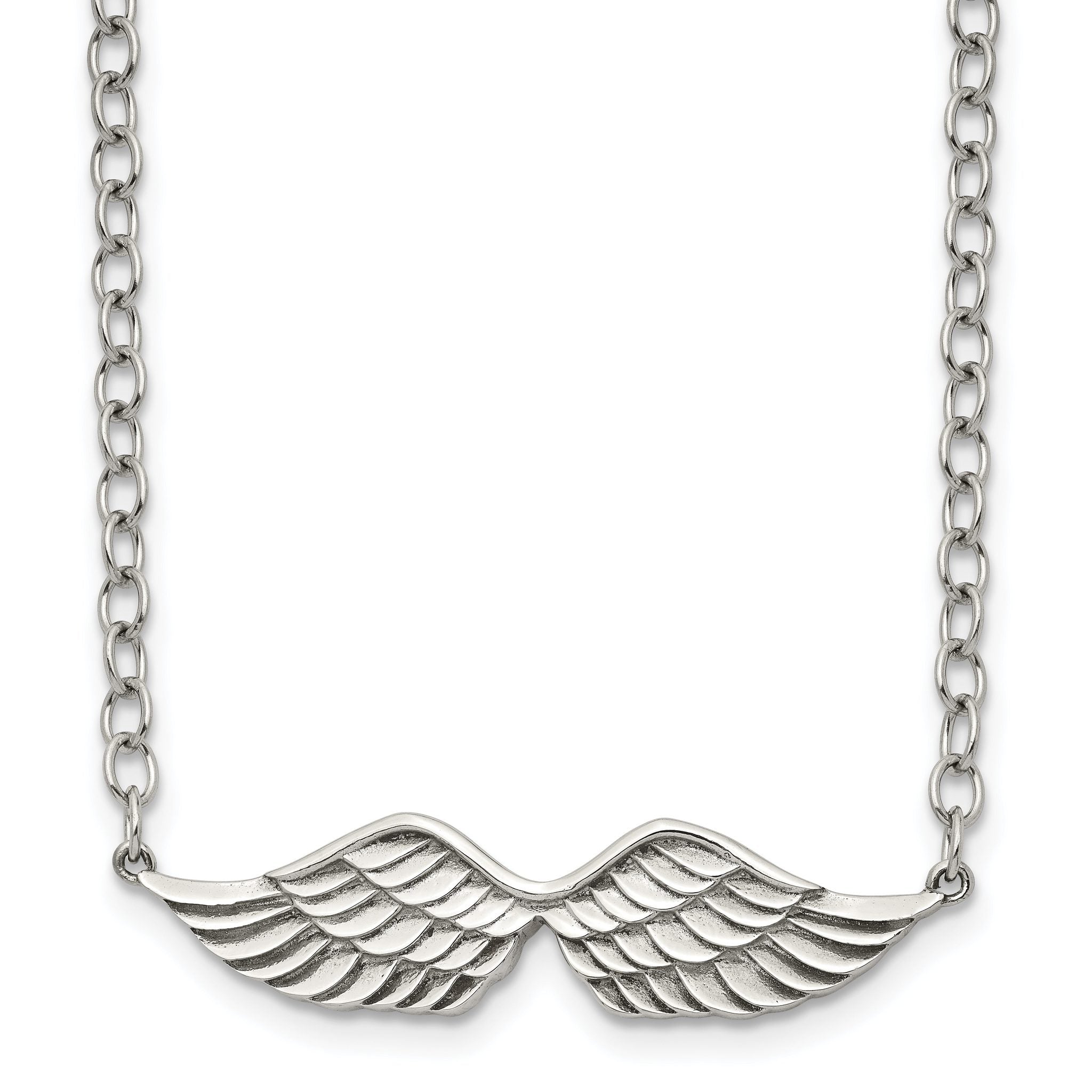 Stainless Steel Polished and Textured Angel Wings 16in w/2in ext Necklace Main image