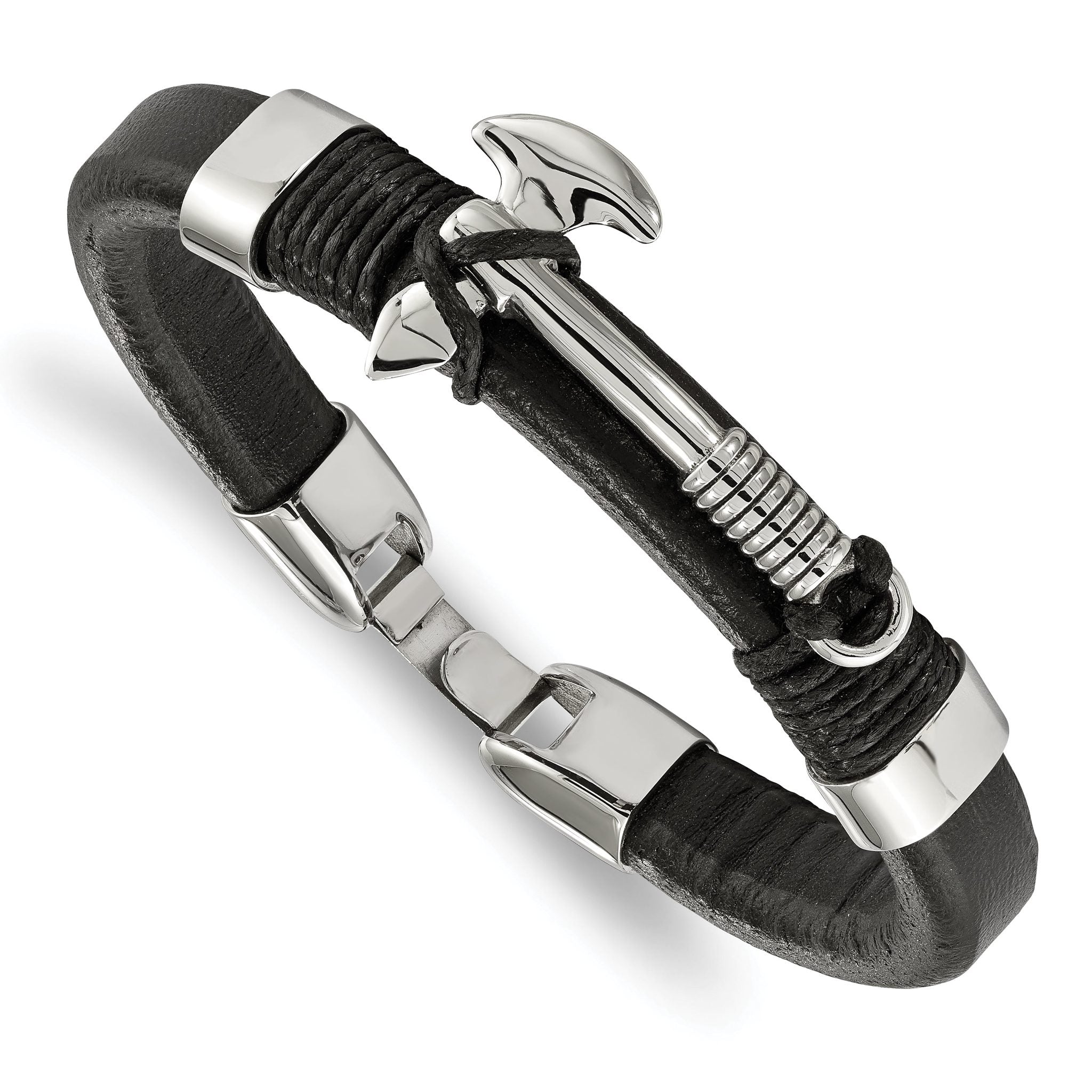 Stainless Steel Polished Hatchet Black Leather Bracelet for Men Main image