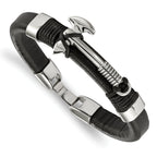 Stainless Steel Polished Hatchet Black Leather Bracelet for Men