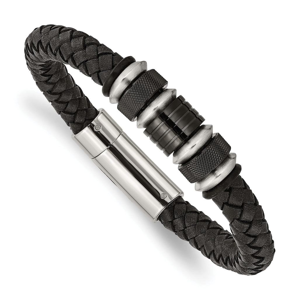 Stainless Steel Brushed and Polished Black IP-plated Black Braided Leather and Rubber Bracelet for Men