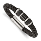 Stainless Steel Brushed and Polished Black IP-plated Black Braided Leather and Rubber Bracelet for Men