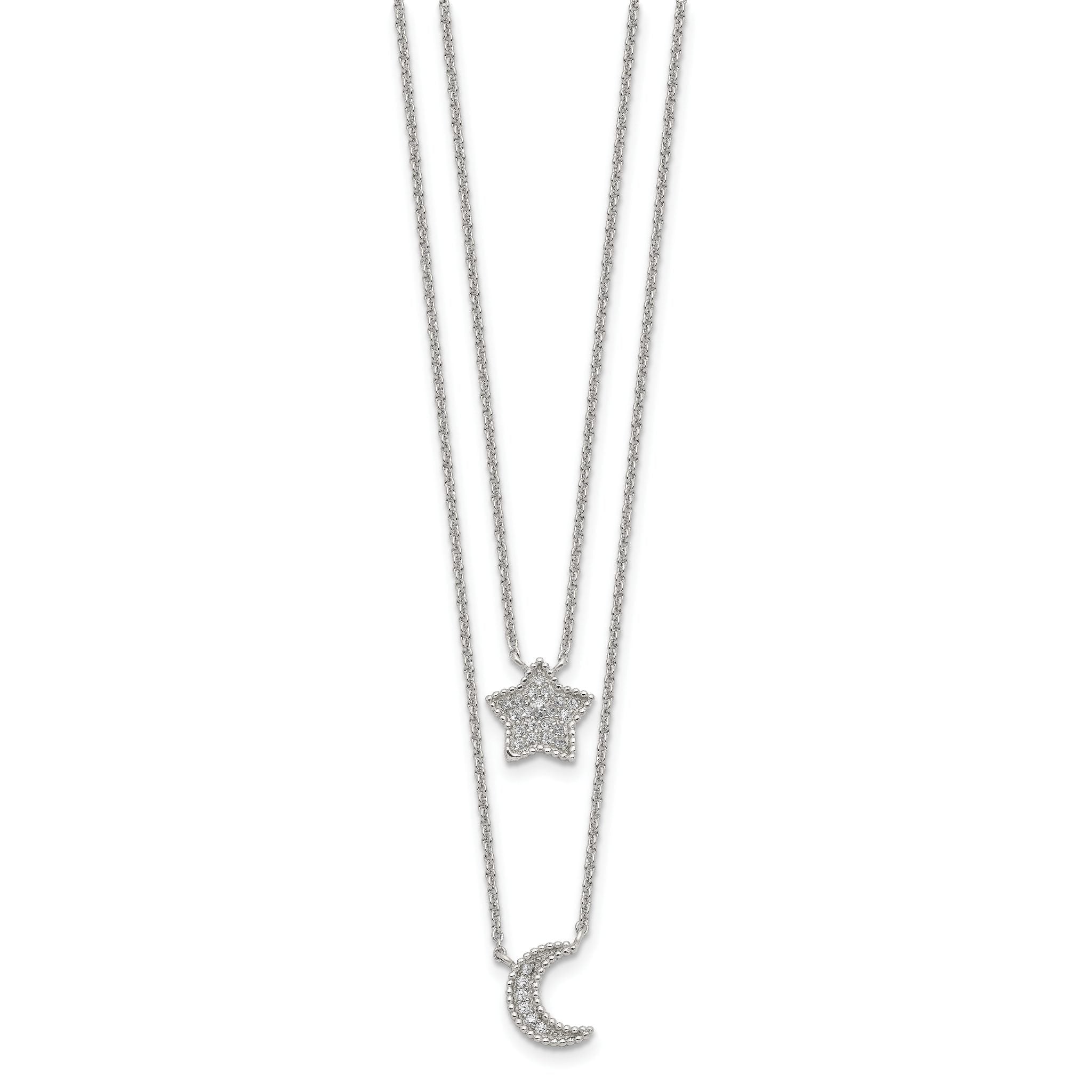 Sterling Silver RH-plated Polished CZ Moon and Star Double Strand Necklace Secondary image